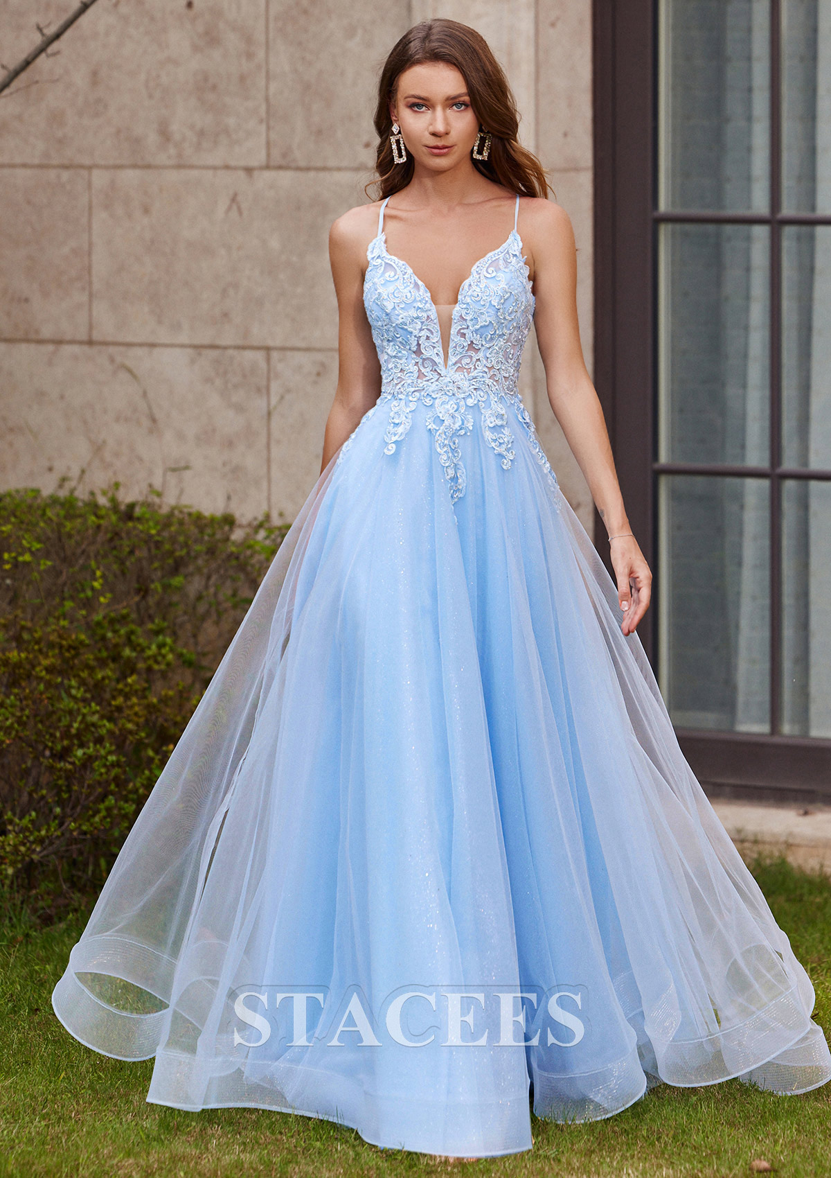 Sky Blue A-line V Neck Sleeveless Floor-Length Tulle Prom Dress with Appliqued Beading Glitter - STACEES