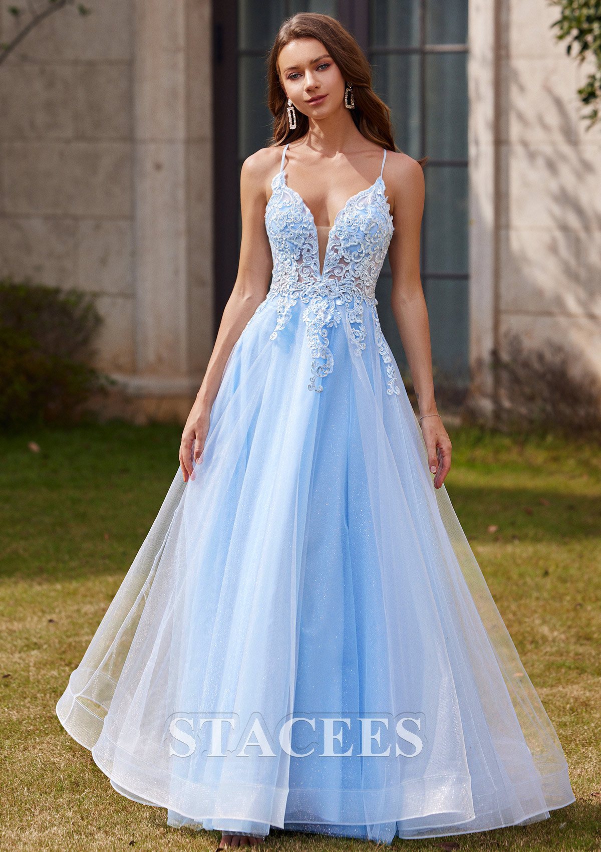 Sky Blue A-line V Neck Sleeveless Floor-Length Tulle Prom Dress with Appliqued Beading Glitter - STACEES