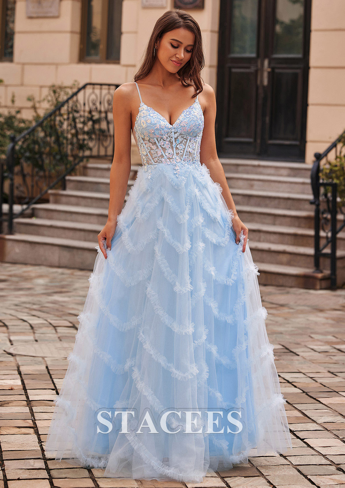 Sky Blue A-line V Neck Sequins Sheer Corset Bodice Ruffled Tulle Floor-Length Prom Dress - STACEES