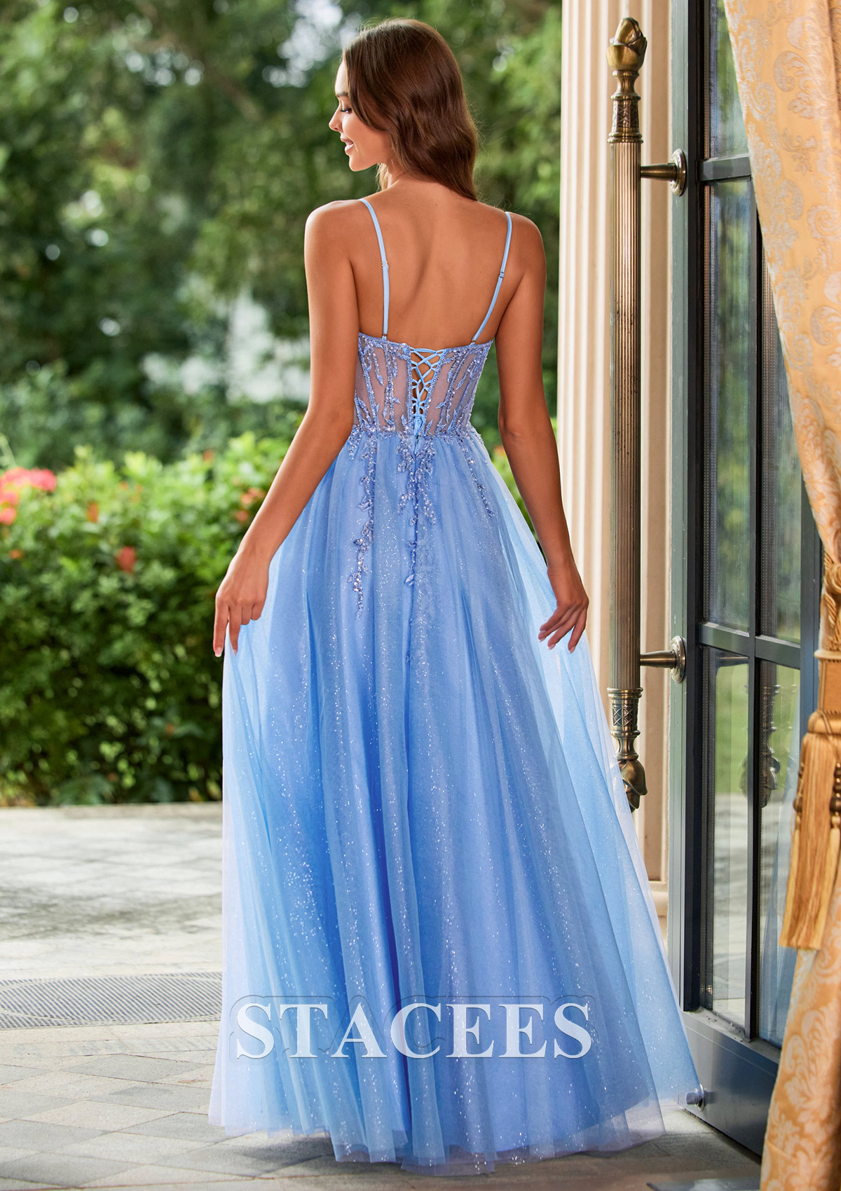 Sky Blue Sparkle A-line Prom Dress with Beaded Sheer Corset Bodice High Slit - STACEES