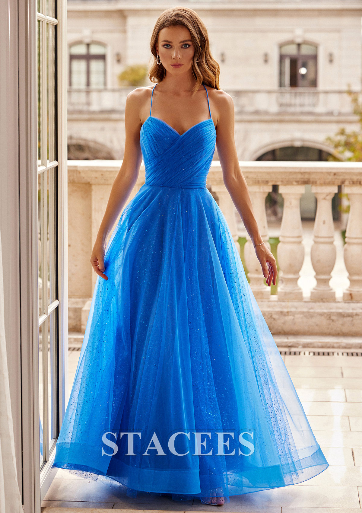 Ocean Blue A-line Princess V Neck Floor-Length Tulle Prom Dress with Glitter Pleated - STACEES
