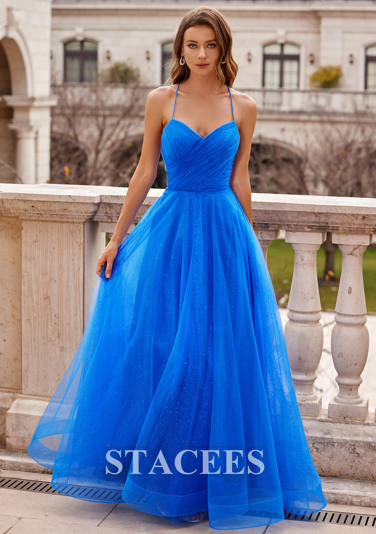 Ocean Blue A-line Princess V Neck Floor-Length Tulle Prom Dress with Glitter Pleated - STACEES