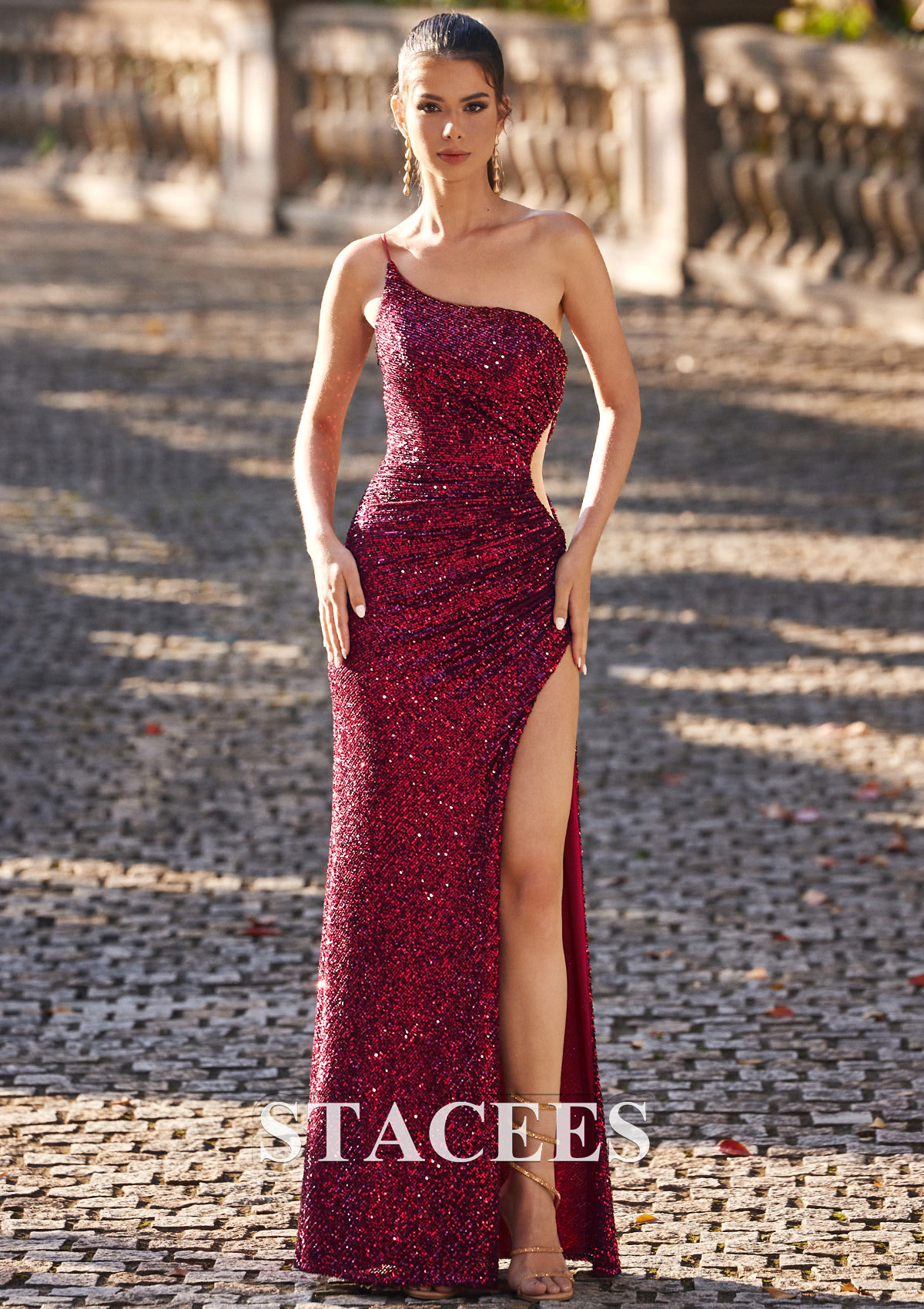 Burgundy Sheath/Column One-Shoulder Floor-Length Sequined Prom Dress with Split - STACEES