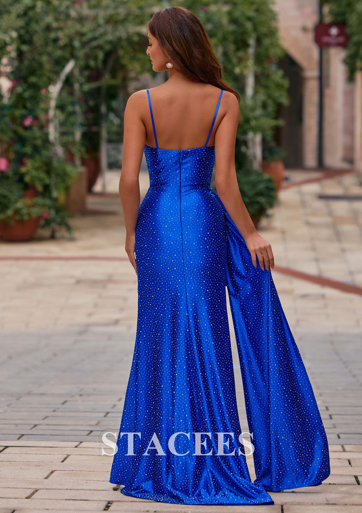 Royal Blue Fitted Ruched V Neck Hot Fix Silk like Satin Slit Prom Dress with Side Draping - STACEES