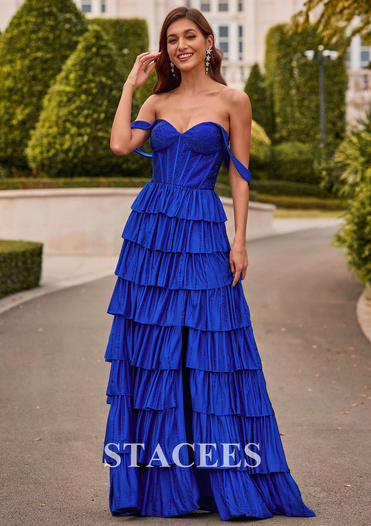 Bleu Océan Trapèze épaule dénudée jersey longueur ras du sol robe de bal  - STACEES