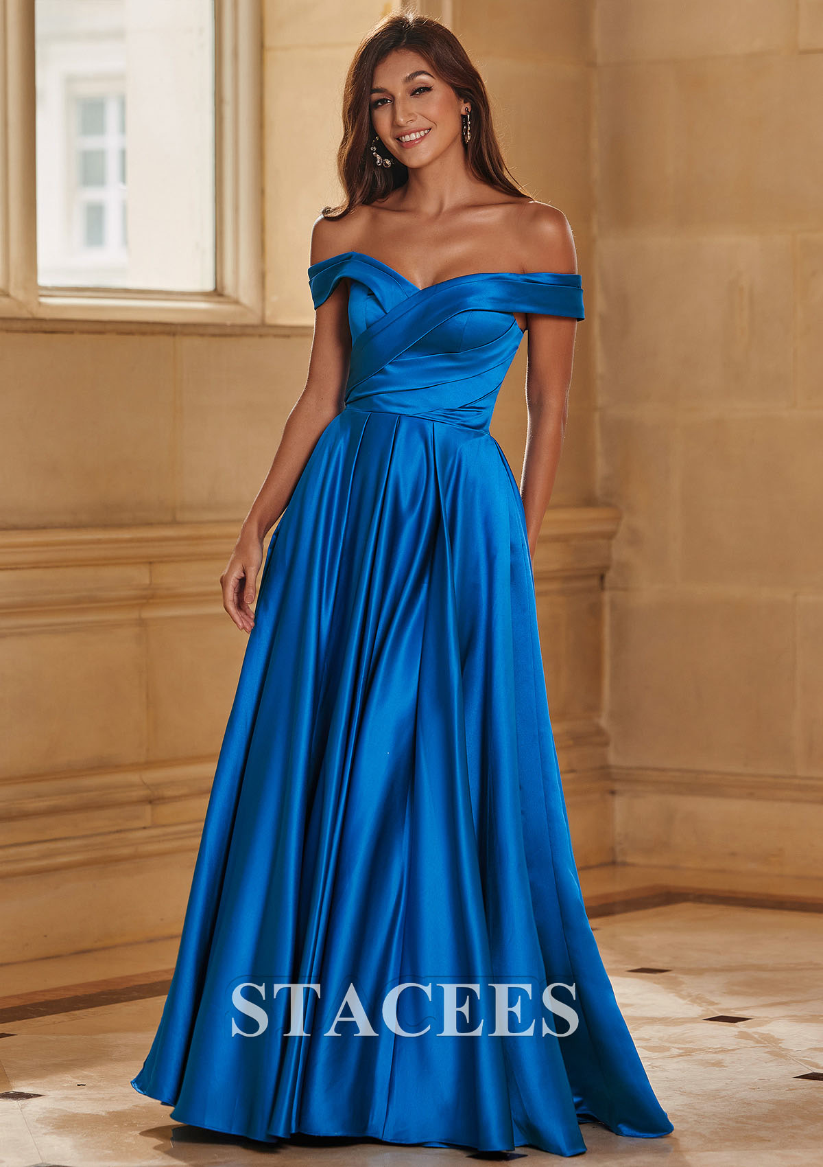 Ocean Blue A-line Off-the-Shoulder Satin Floor-Length Prom Dress with Pleated Pockets - STACEES