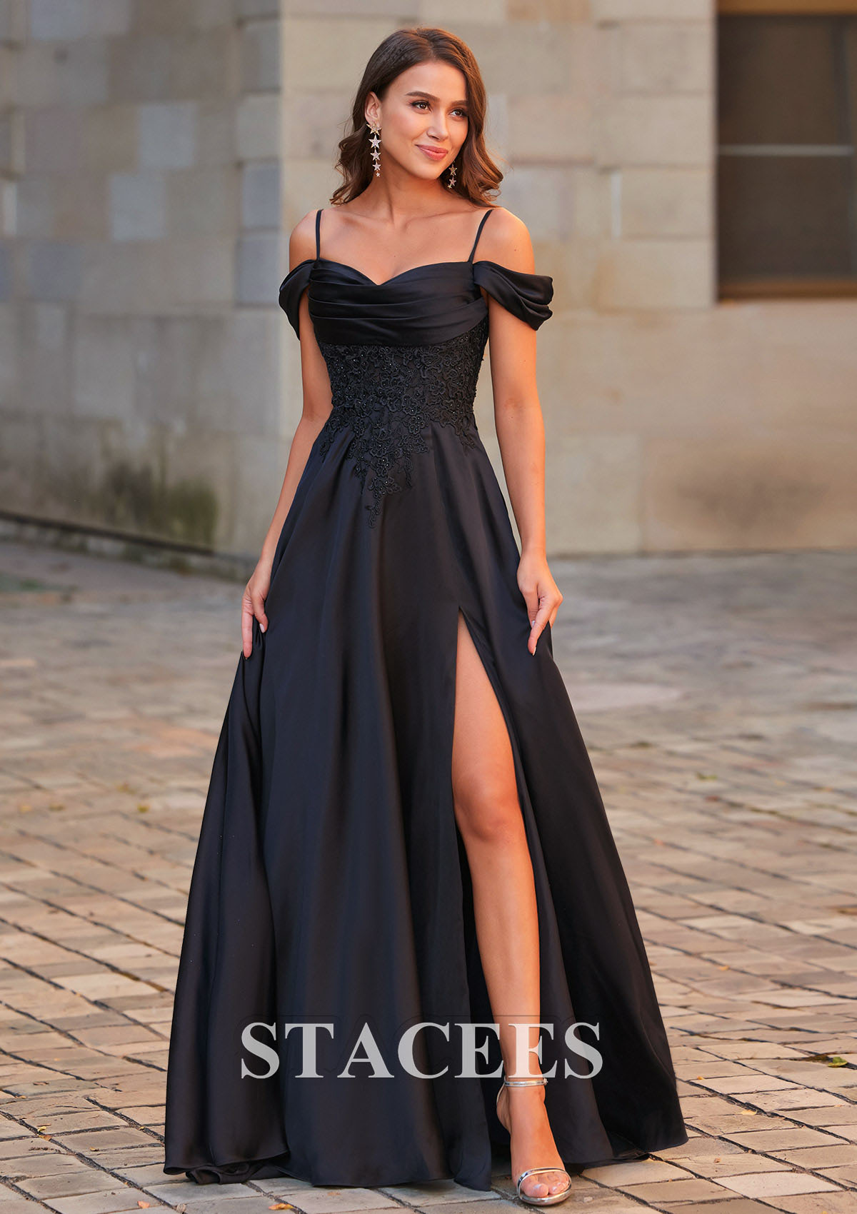 Black A-line Off-the-Shoulder Slit Sweep Train Prom Dress with Appliques Lace - STACEES