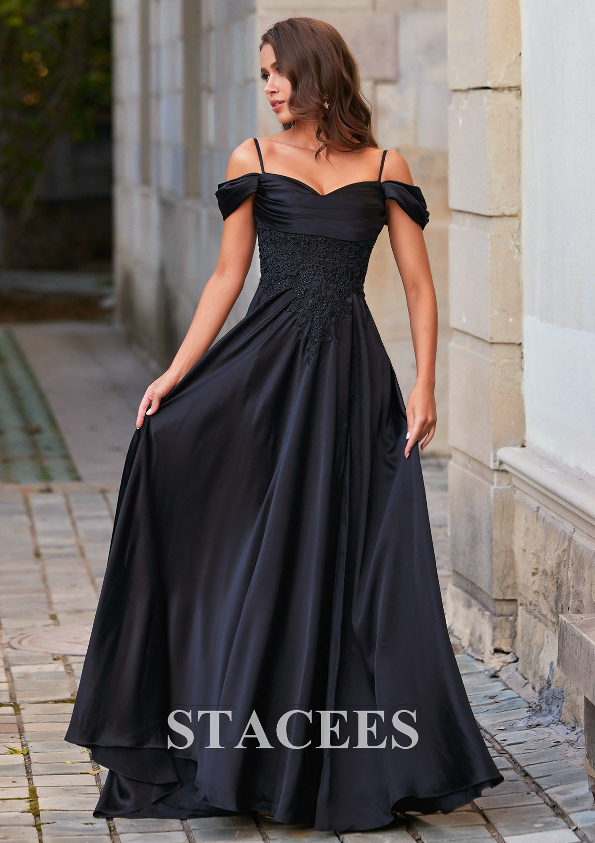 Black A-line Off-the-Shoulder Slit Sweep Train Prom Dress with Appliques Lace - STACEES