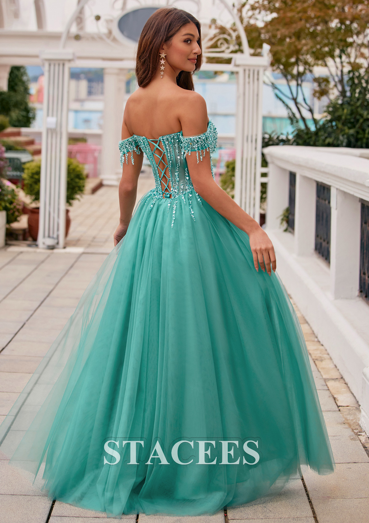 As picture Beaded Sequins Tassel Off-Shoulder Corset A-Line Prom Dress - STACEES