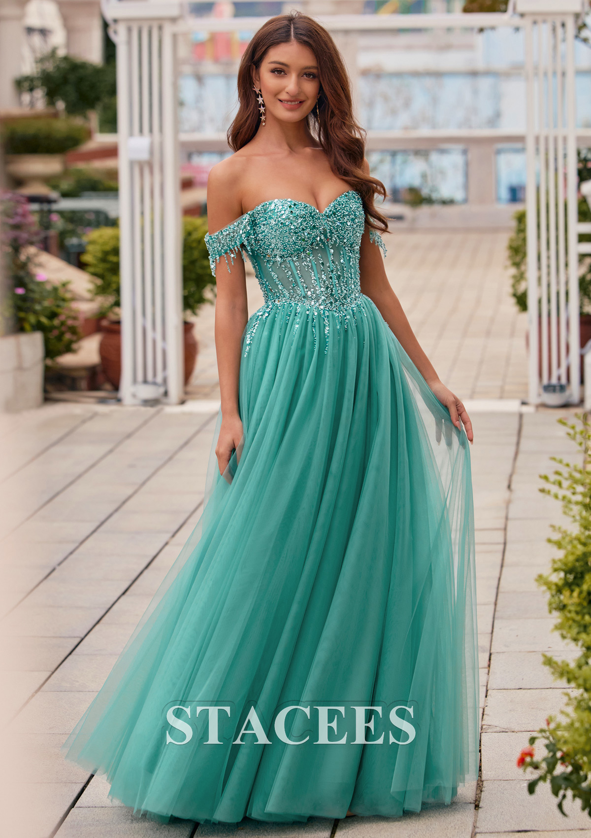 As picture Beaded Sequins Tassel Off-Shoulder Corset A-Line Prom Dress - STACEES