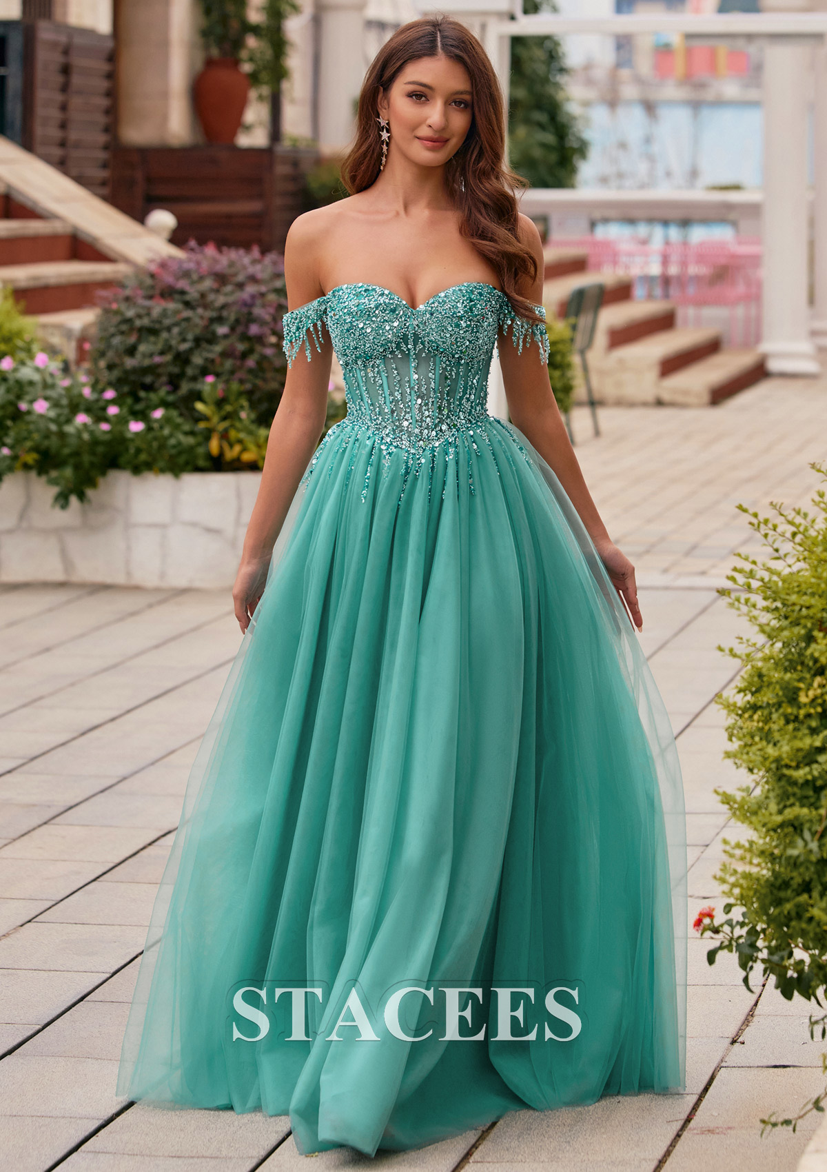 As picture Beaded Sequins Tassel Off-Shoulder Corset A-Line Prom Dress - STACEES