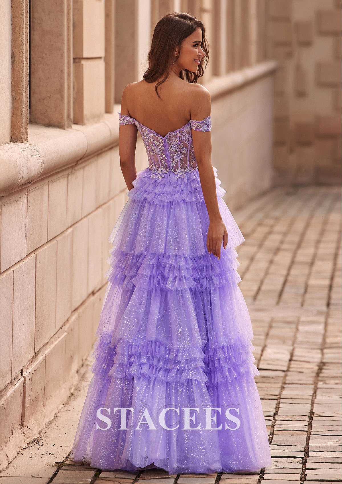 Lilac A-line Applique Off-the-Shoulder Corset Ruffle Tiered Glitter Tulle Prom Dress - STACEES