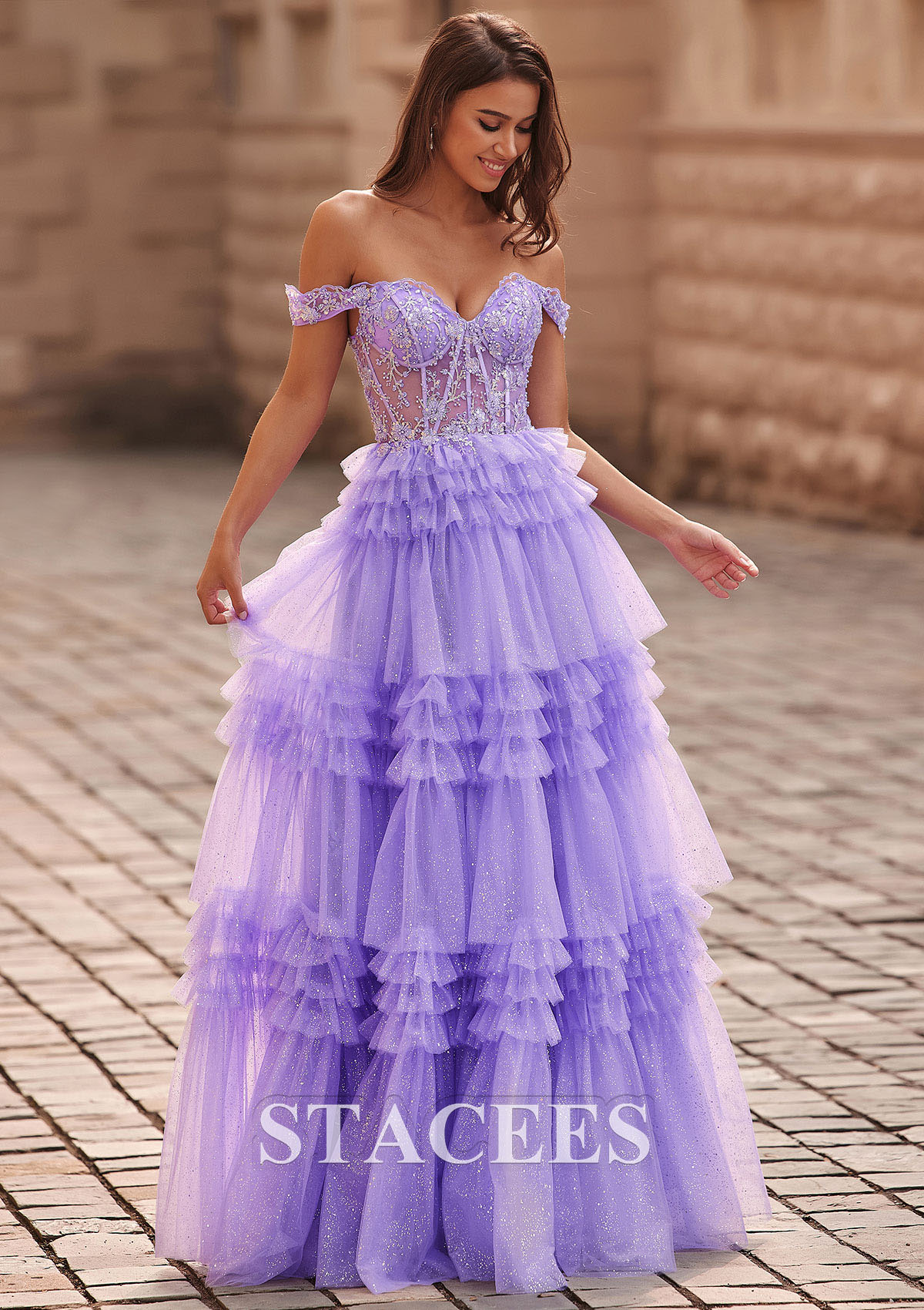 Lilac A-line Applique Off-the-Shoulder Corset Ruffle Tiered Glitter Tulle Prom Dress - STACEES