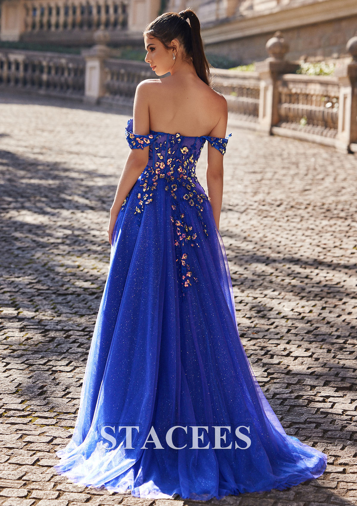 Royal Blue A-line Princess Off-the-Shoulder Sweep Train Tulle Prom Dress with Appliqued Sequins Split Glitter - STACEES