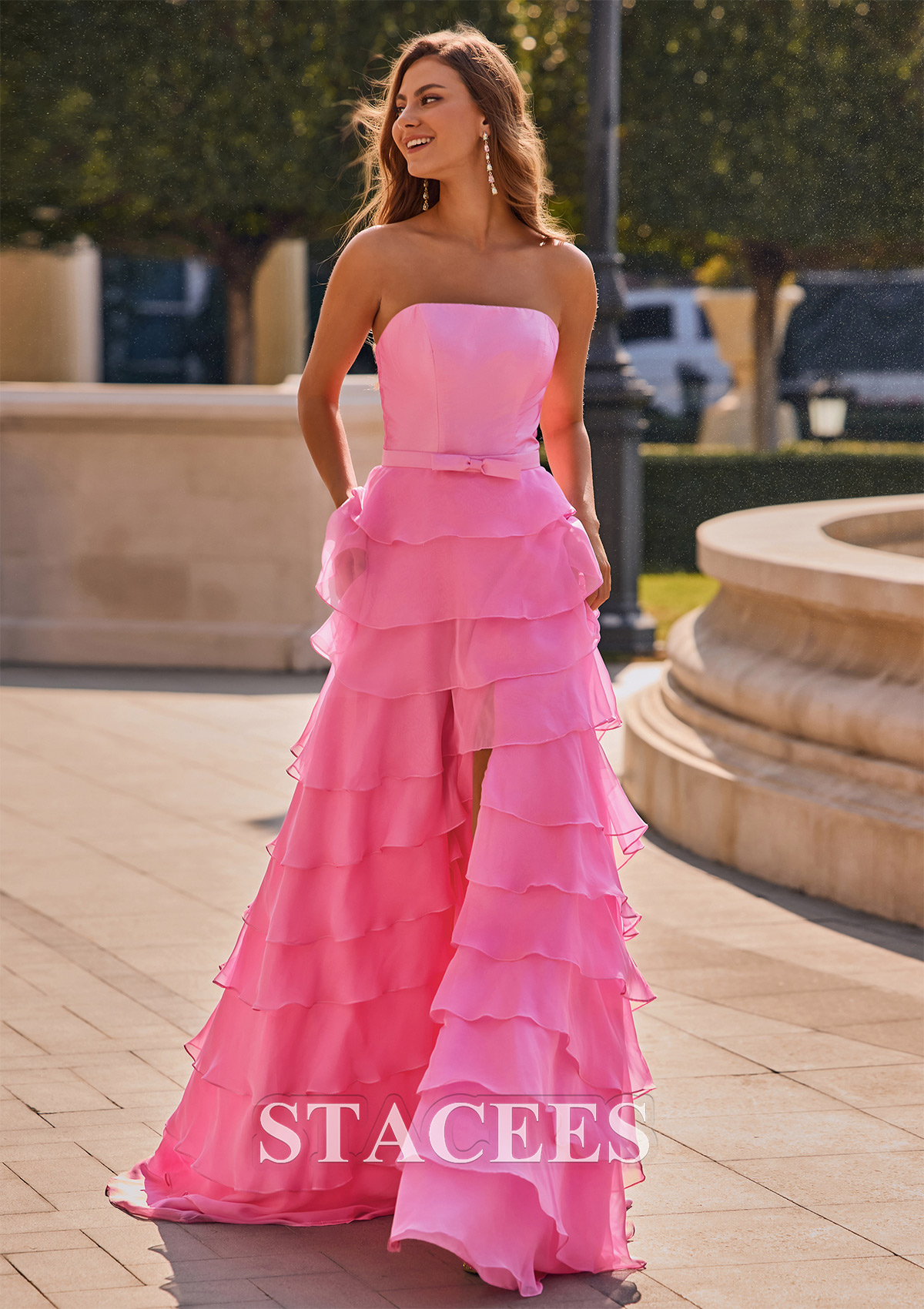 chiffon train dresses Stacees A-line Square Neckline Prom Dress with Sashes Ruffles Split This bridal gown is Size:38-M Strapless dress sizing-numbers3 Women's Black/white striped Long