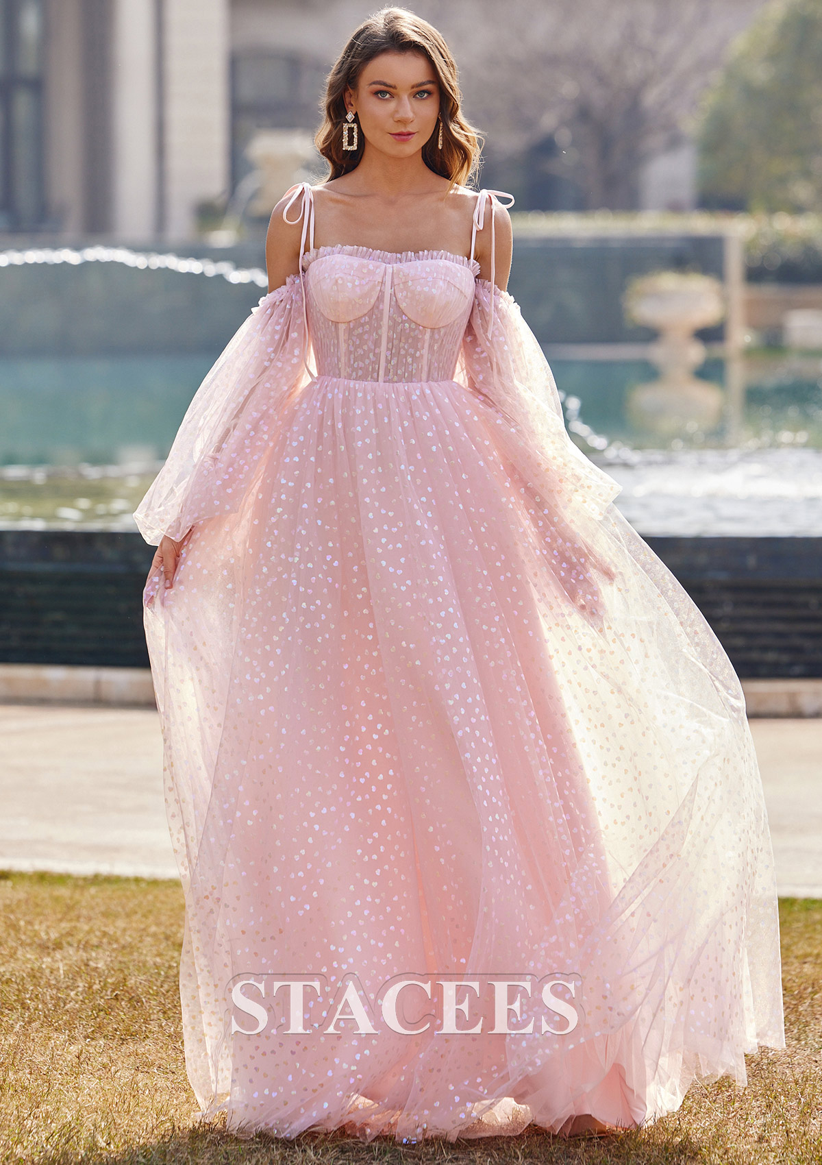 Blush A-line Square Neckline Full/Long Sleeve Floor-Length Tulle Prom Dress with Sequins - STACEES