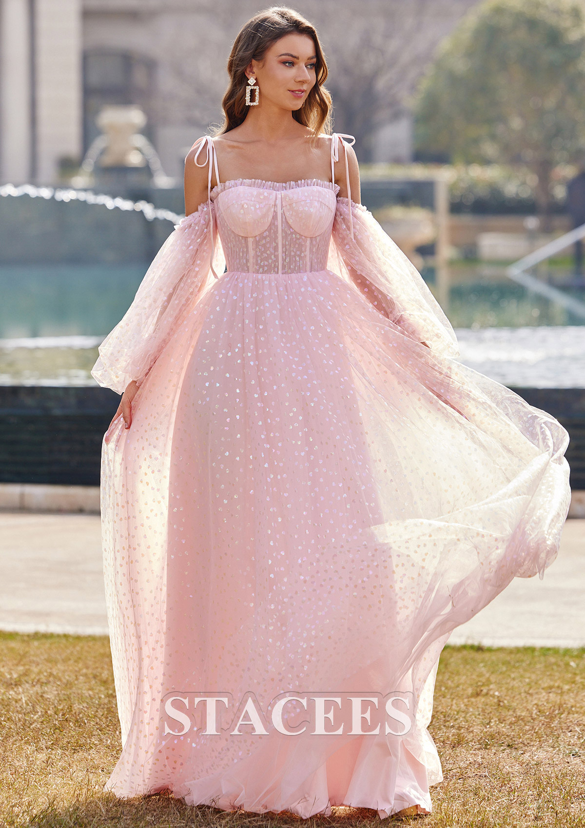 Blush A-line Square Neckline Full/Long Sleeve Floor-Length Tulle Prom Dress with Sequins - STACEES