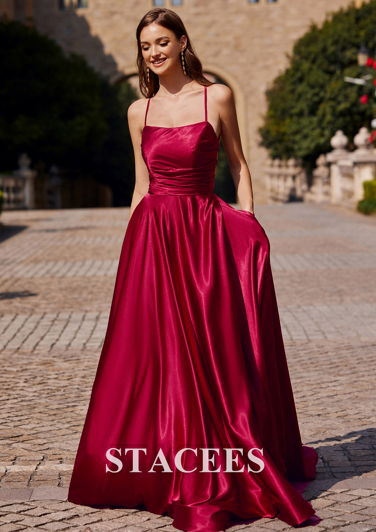 Burgundy Vestido línea a cuello cuadrado tela charmeuse barrer tren vestido de graduación - STACEES