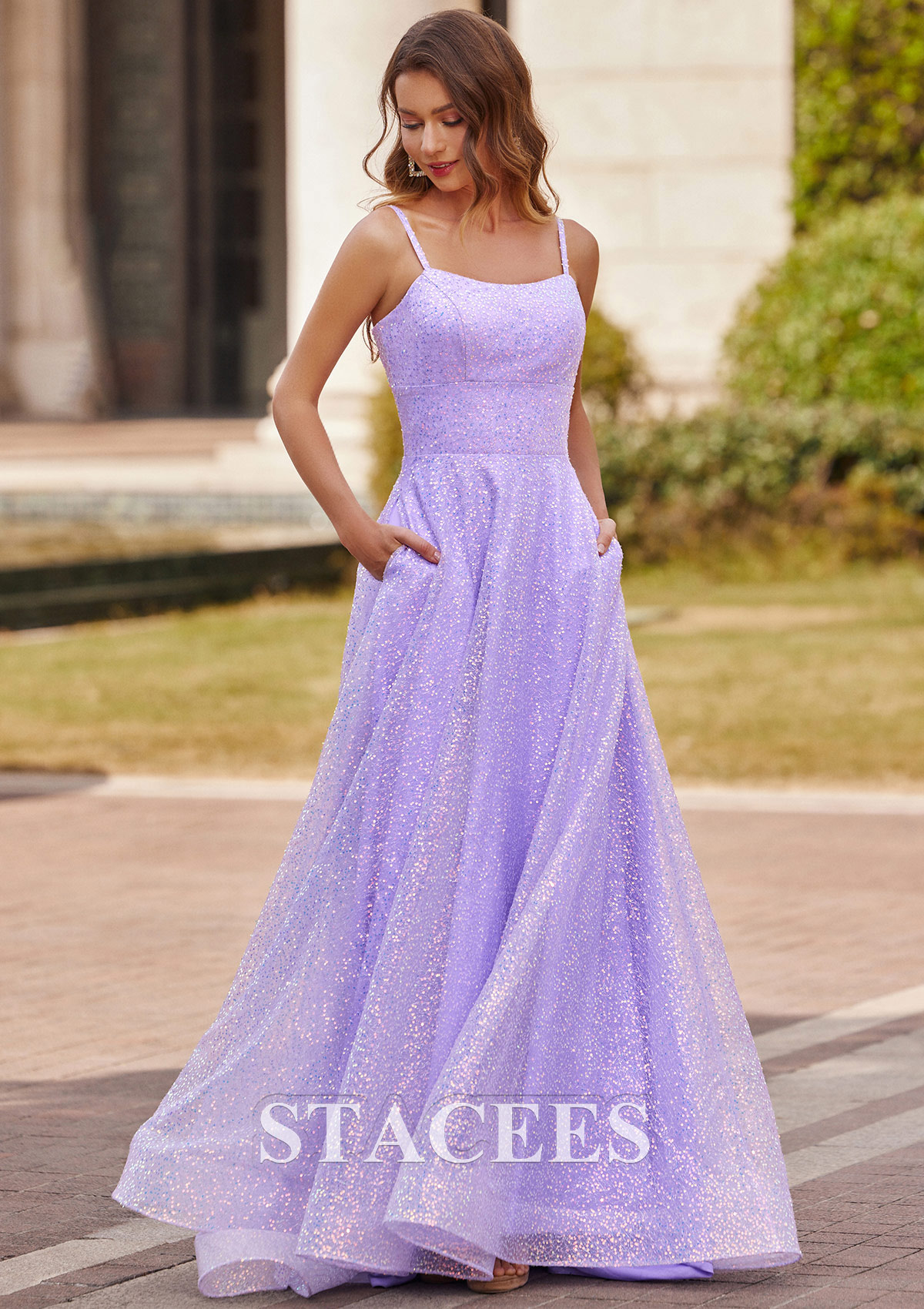 Lilac Vestido línea a cuello cuadrado lentejuelas barrer tren vestido de graduación - STACEES