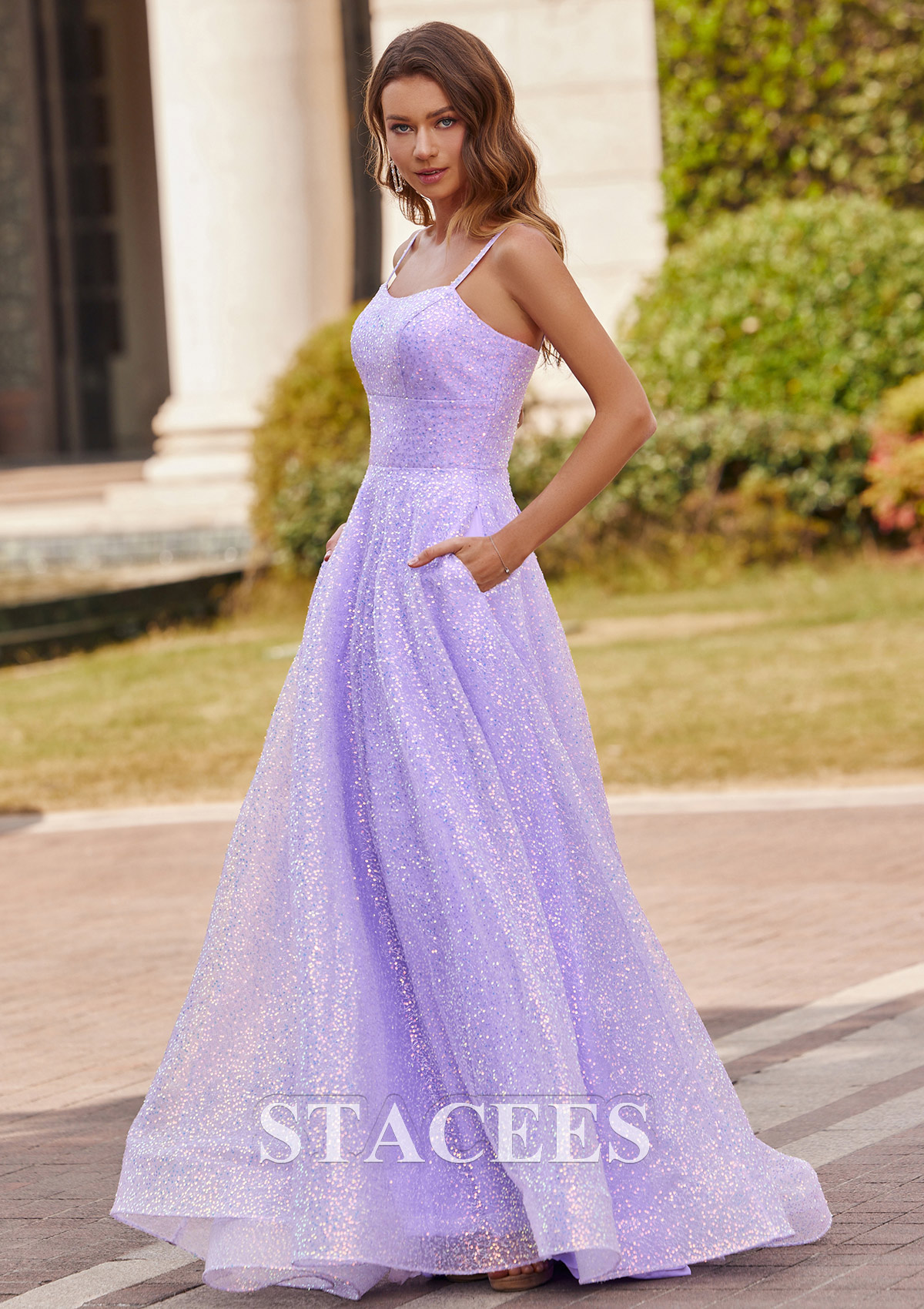 Lilac Vestido línea a cuello cuadrado lentejuelas barrer tren vestido de graduación - STACEES