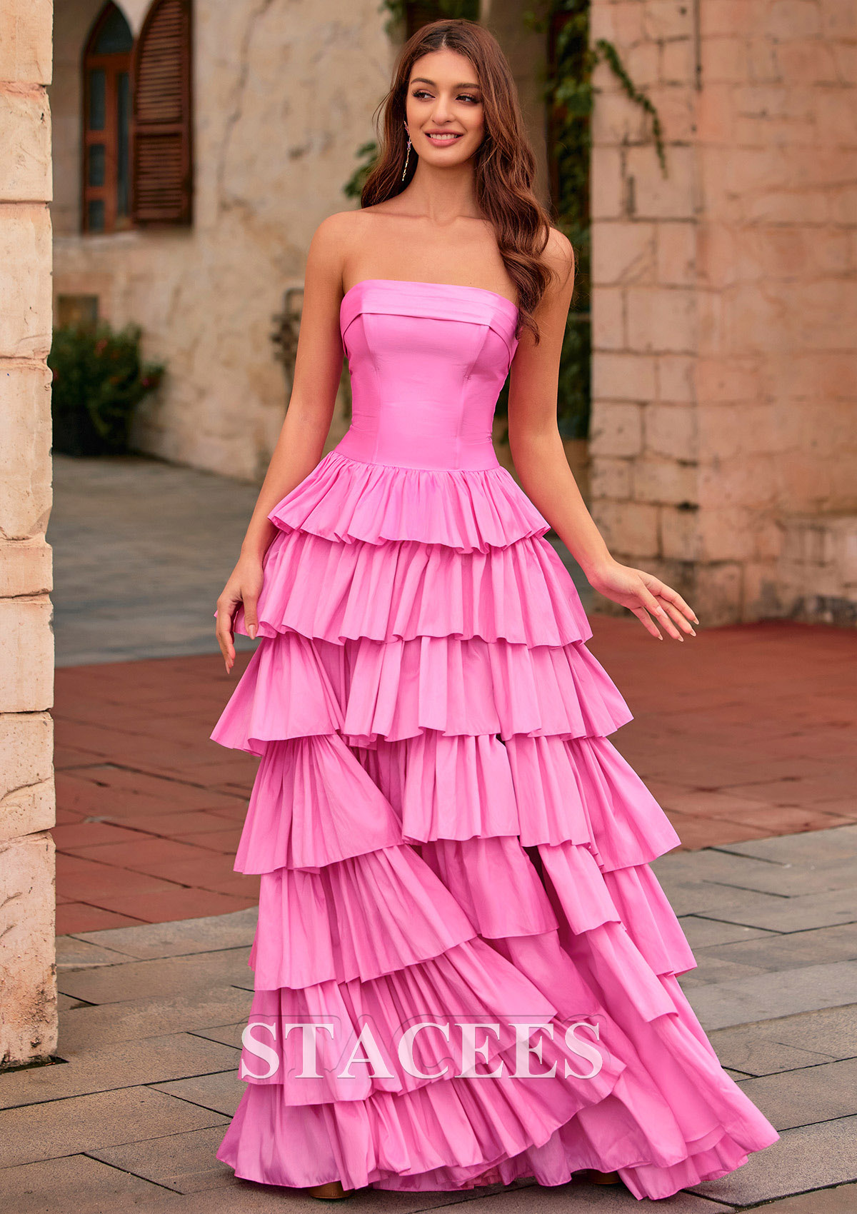 Candy pink A-line Strapless Tiered Ruffle Taffeta Backless Prom Dress with Slit - STACEES