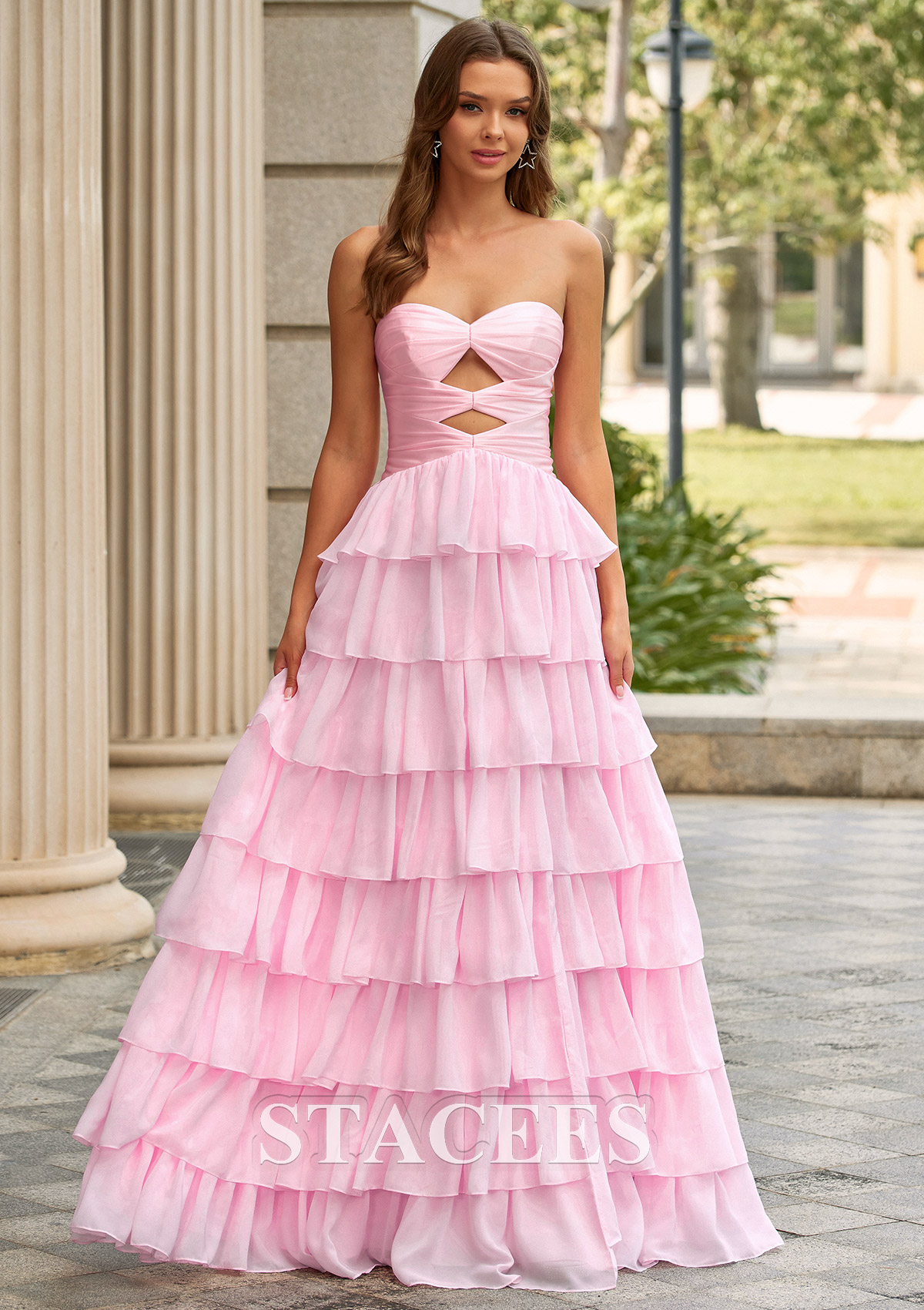 A-Line Strapless Cutout Corset Tiered Ruffle Prom Dress S9055P - Prom Dresses