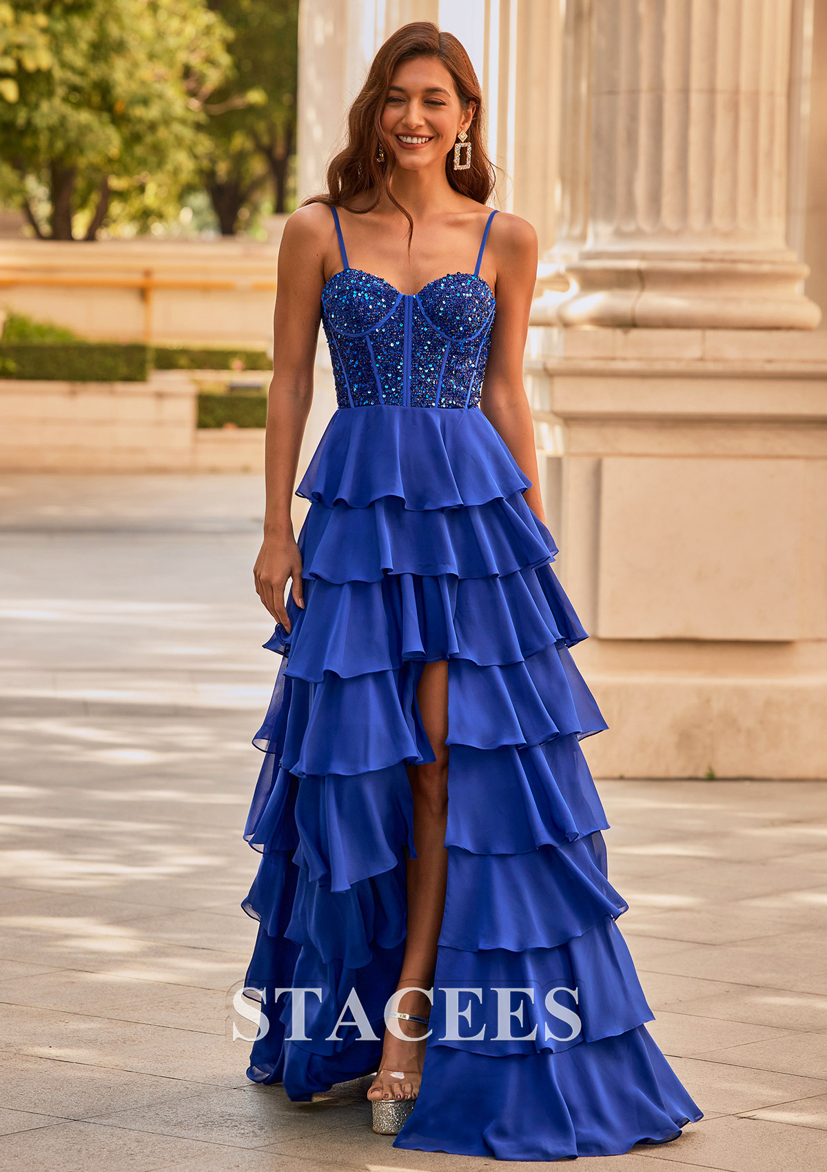 Royal Blue A-line Sweetheart Chiffon Sweep Train Prom Dress with Ruffles Sequins Split - STACEES
