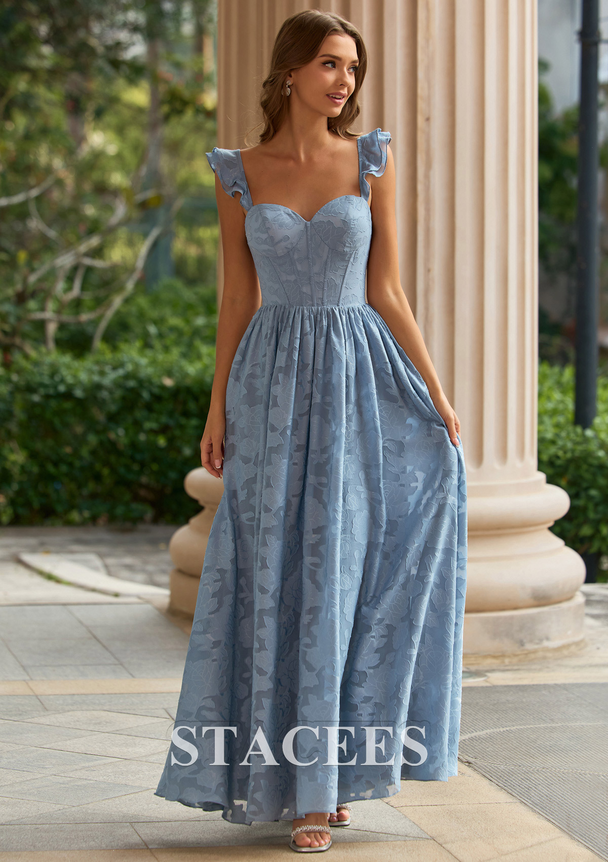 Bleu Poudré Trapèze cache coeur jacquard longueur ras du sol robe de bal avec plissé volants - STACEES