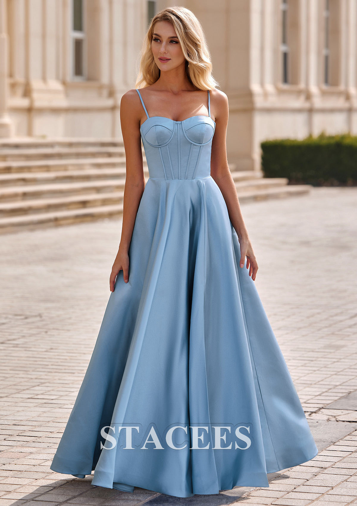 Dusty Blue A-line Spaghetti Straps Satin Corset Slit Prom Dress - STACEES
