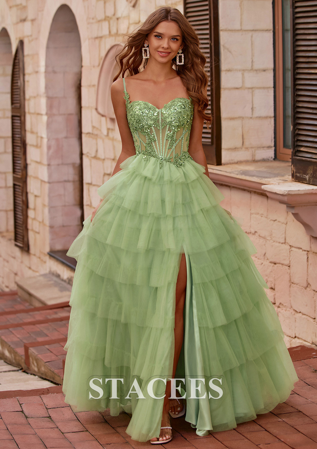 Salvia Vestido línea a cuello de corazón tul cola de barrido vestido de graduación - STACEES