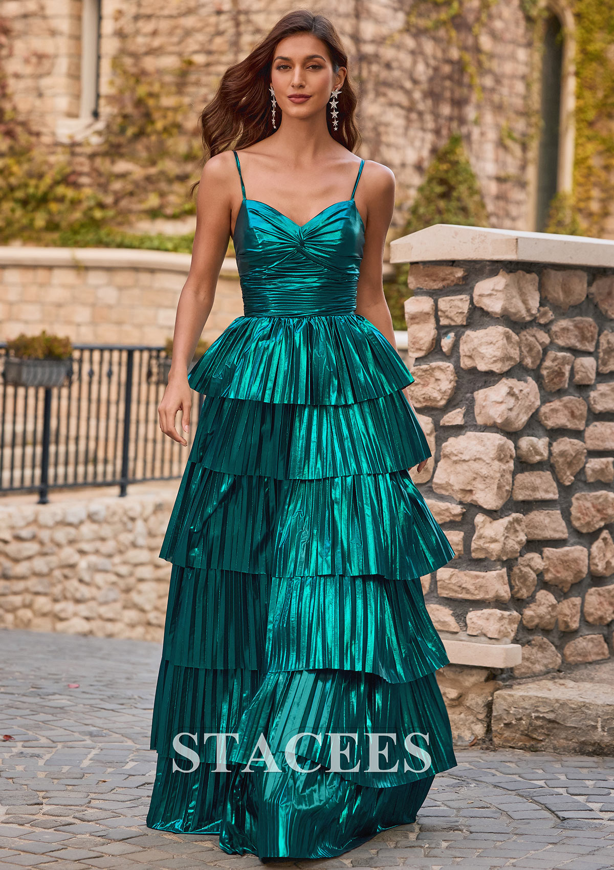 Teal A-line Metallic Tiered Pleated Ruffle Prom Dress V Neck - STACEES