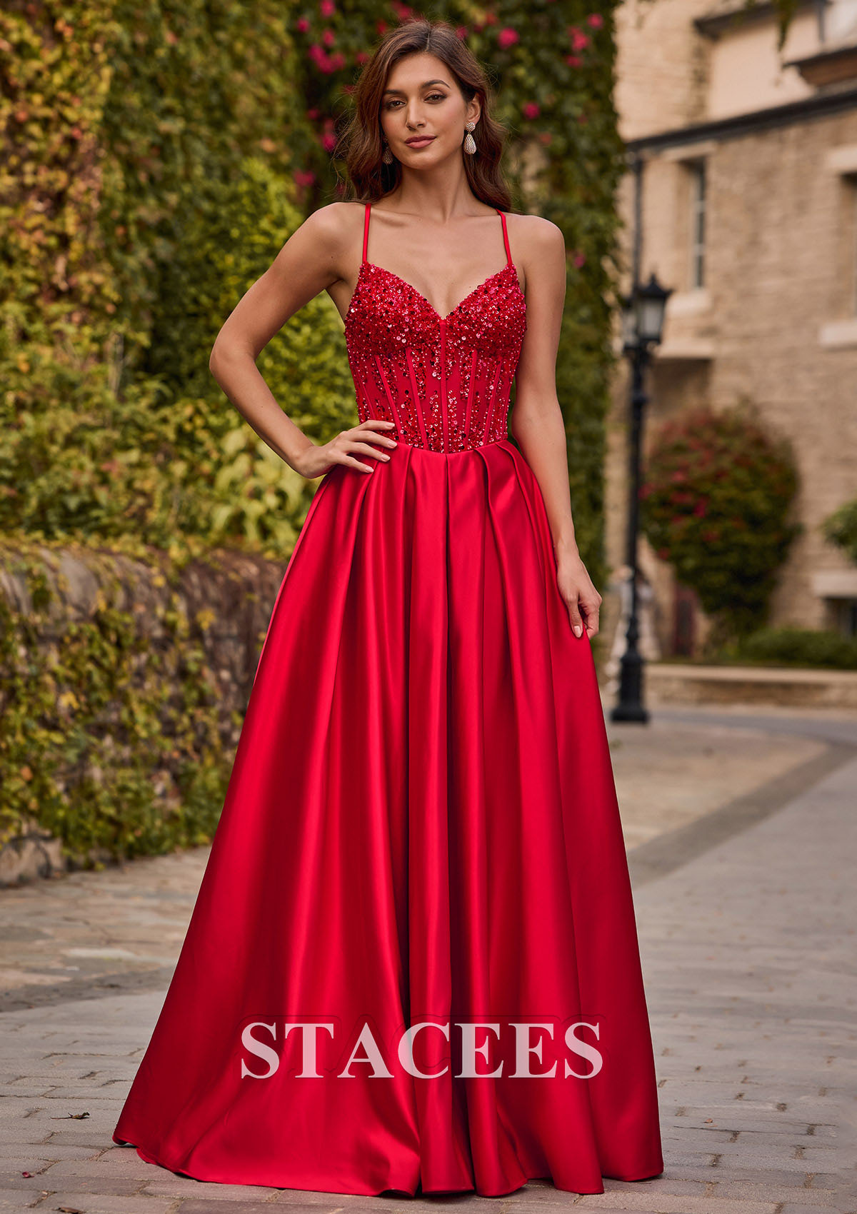 Red A-line V Neck Satin Sweep Train Prom Dress with Beading Sequins - STACEES