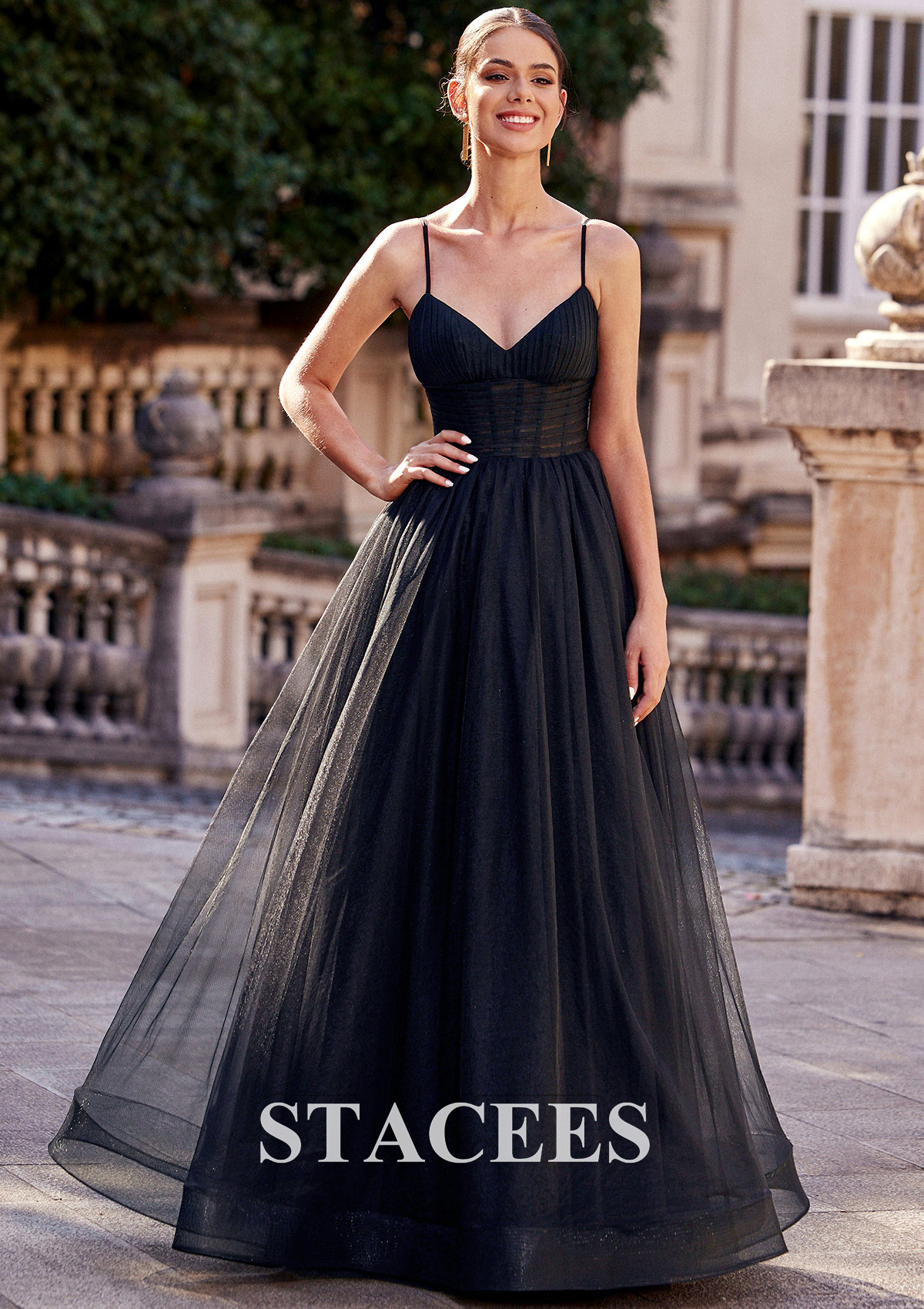 Black Vestido línea a escote en v tul hasta el suelo vestido de graduación - STACEES