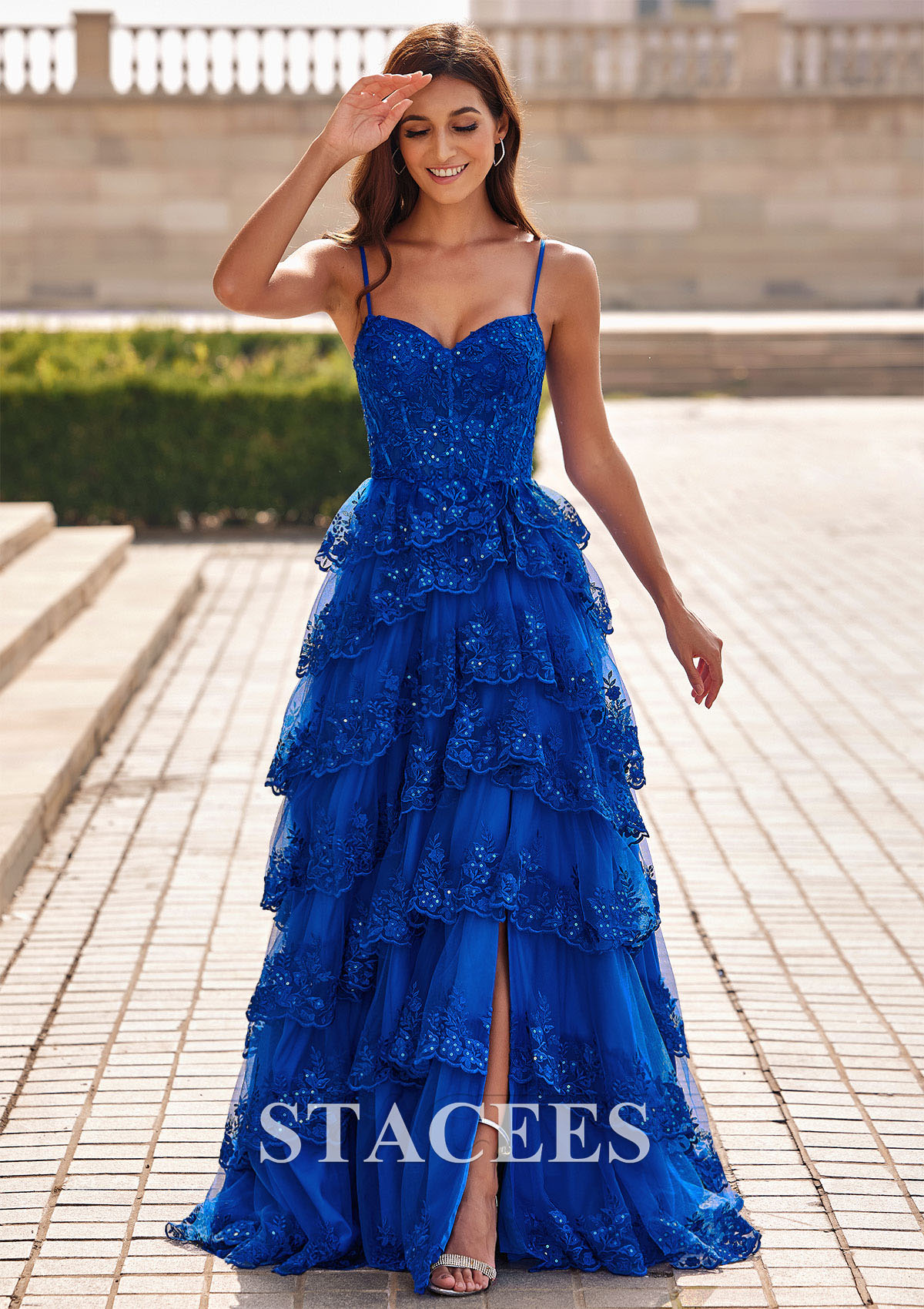 Ocean Blue Vestido línea a escote en v tul cepillo tren vestido de graduación - STACEES