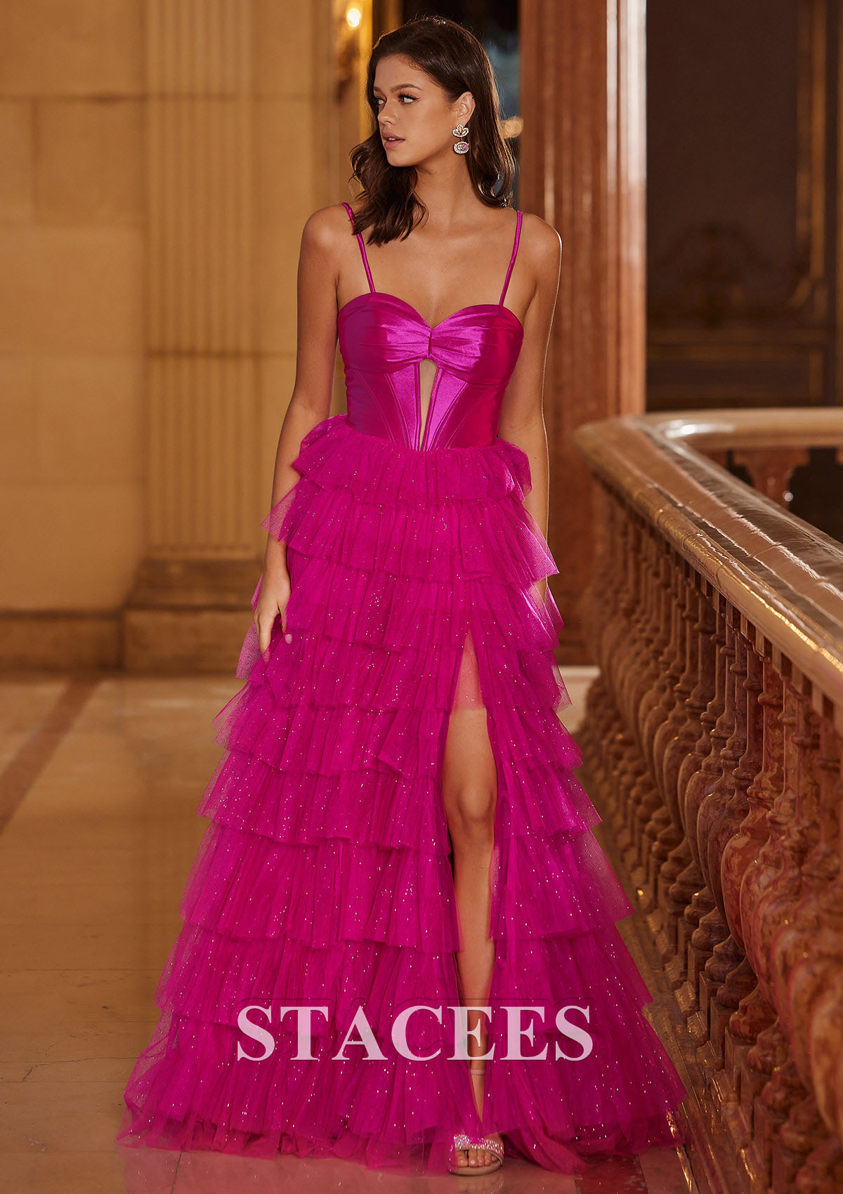 Fuchsia Marquise cache coeur tulle longueur ras du sol robe de bal  - STACEES