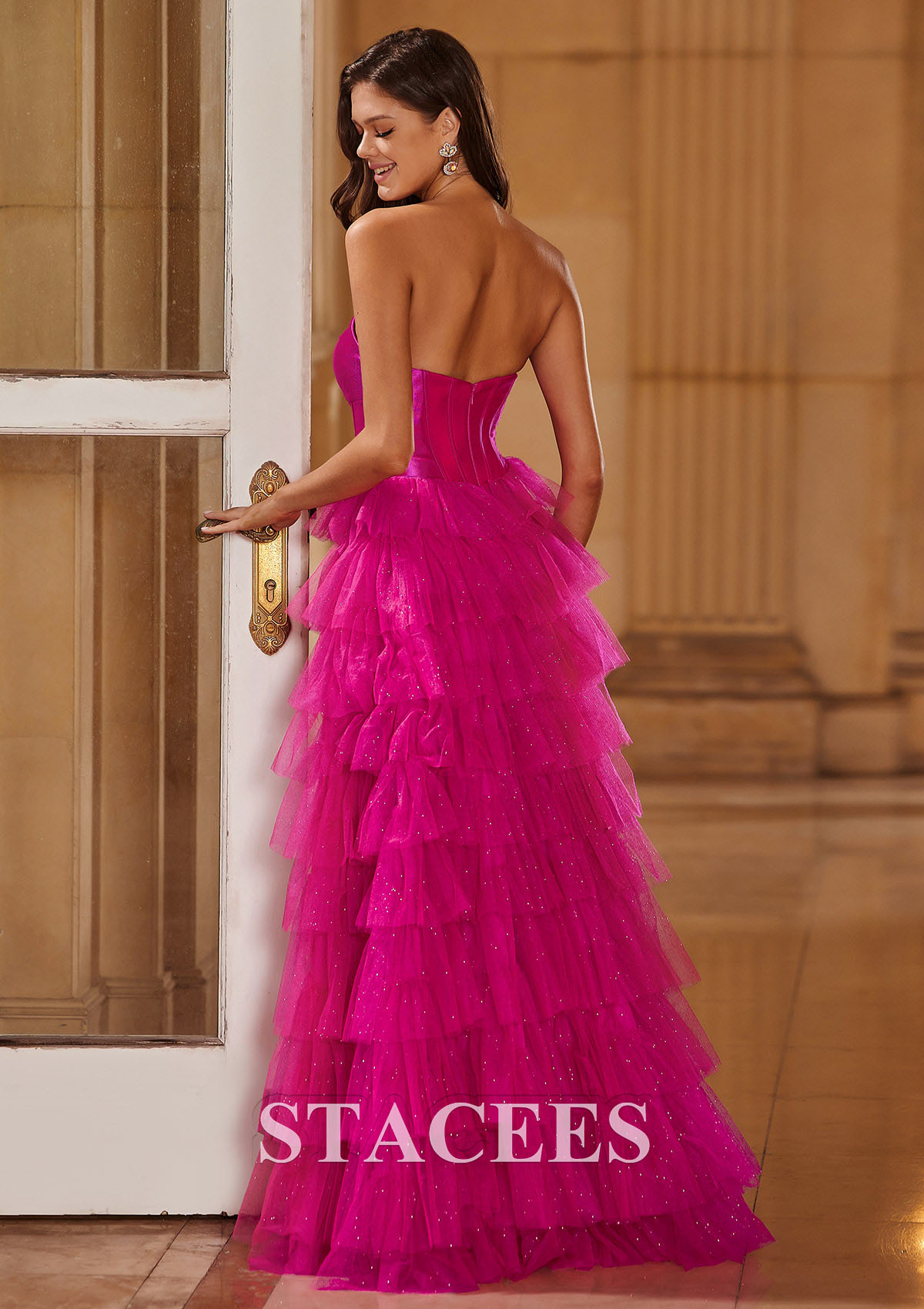 Fuchsia Marquise cache coeur tulle longueur ras du sol robe de bal  - STACEES