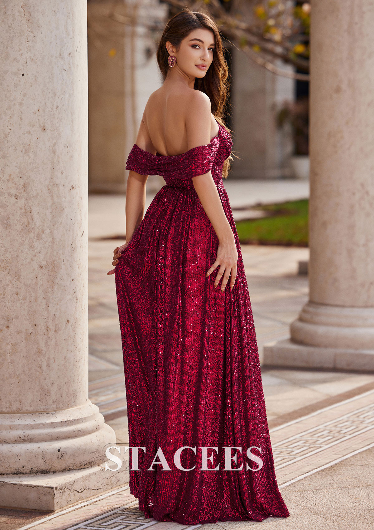 Burgundy A-line Sweetheart Sweep Train Sequined Prom Dress with Pleated Split - STACEES