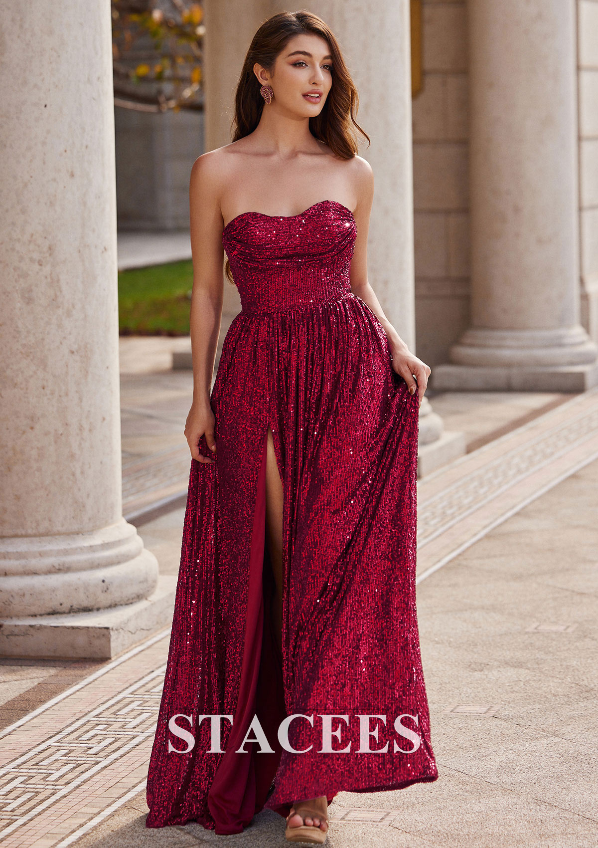 Burgundy A-line Sweetheart Sweep Train Sequined Prom Dress with Pleated Split - STACEES