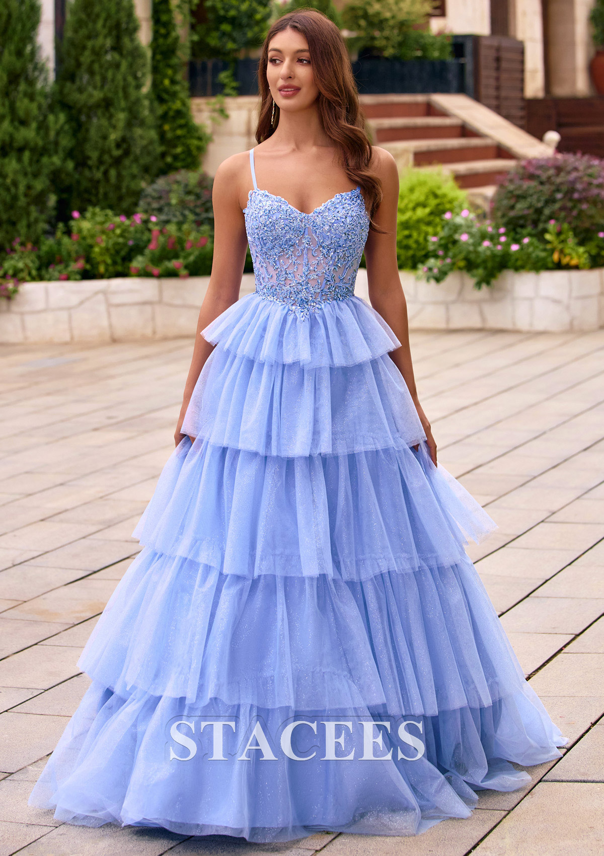 As picture Sparkly A-line Tiered Ruffle Glitter Tulle Ball Gown Prom Dress with Lace Sheer Corset - STACEES