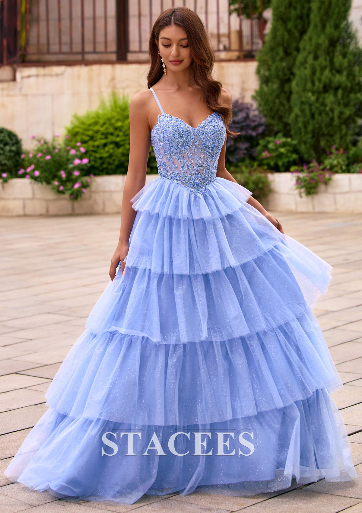 As picture Sparkly A-line Tiered Ruffle Glitter Tulle Ball Gown Prom Dress with Lace Sheer Corset - STACEES