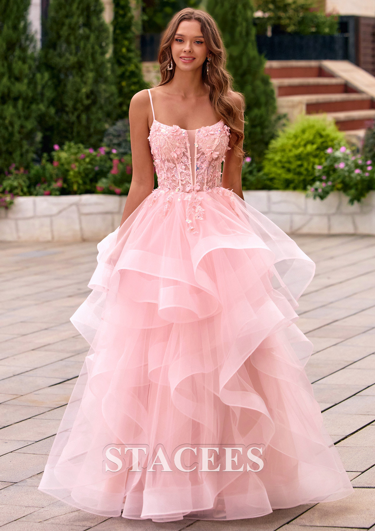Blushing Pink Ball Gown Ruffled Layers Tulle Prom Dress with 3D Floral Applique Sheer Corset - STACEES