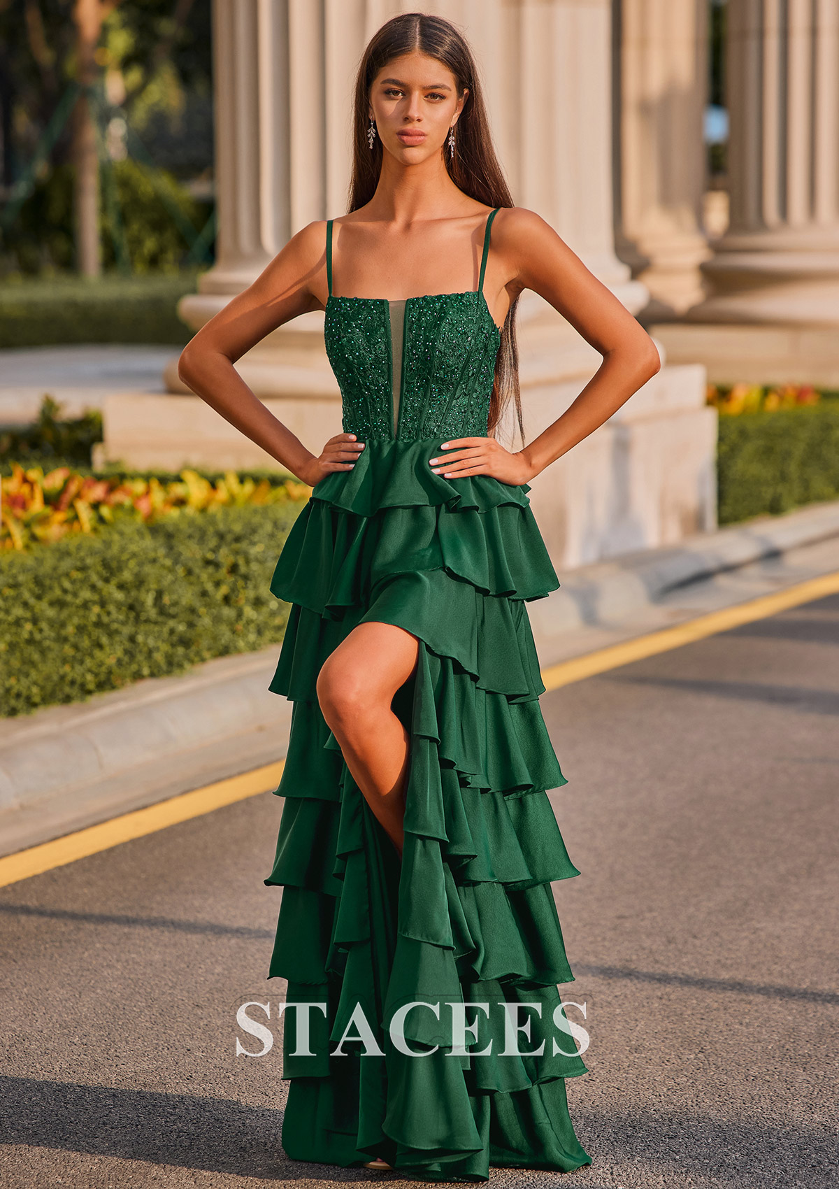Dark Green Vestido línea a cuello cuadrado satén elástico hasta el suelo vestido de graduación - STACEES