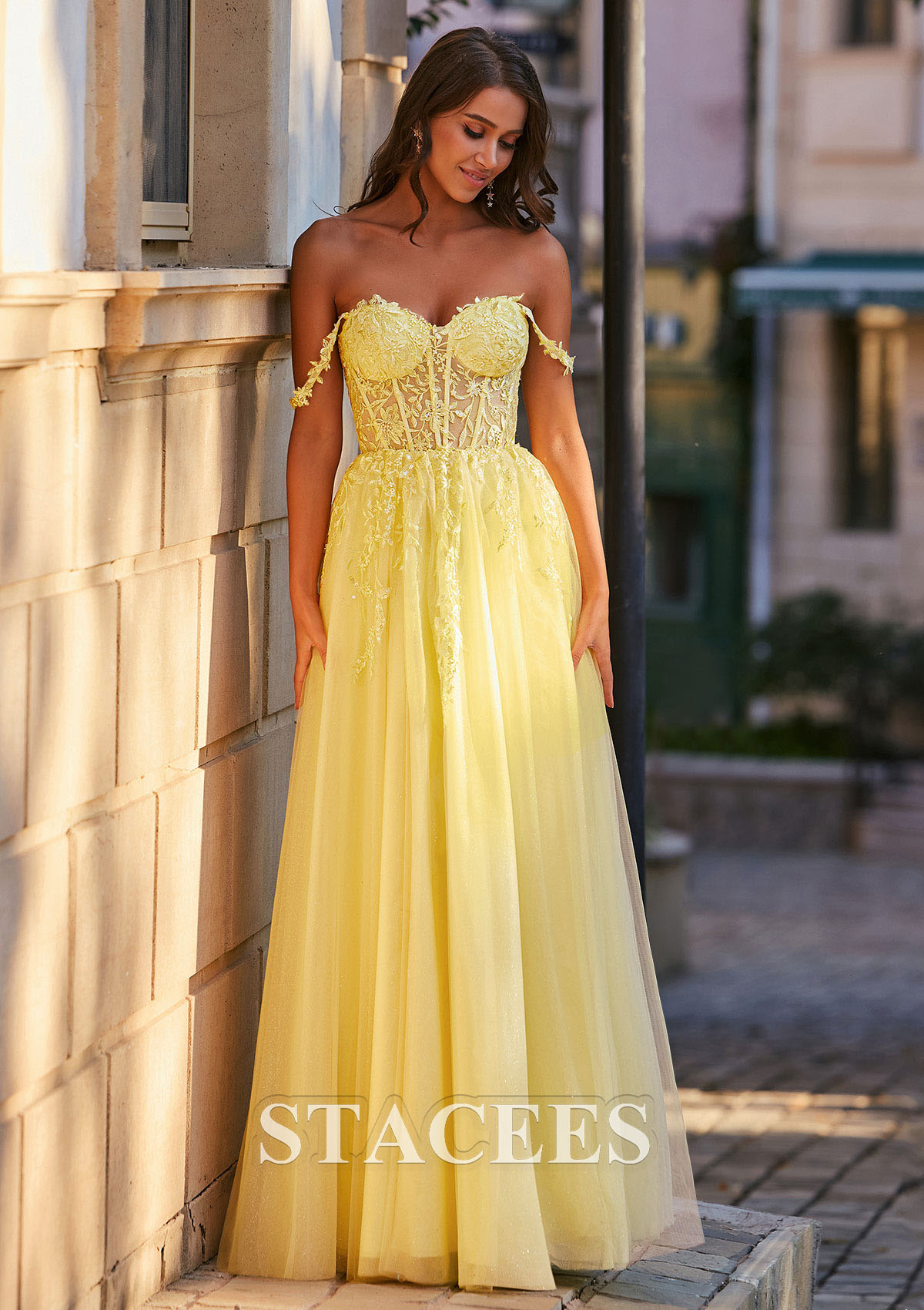 As Picture A-line V Neck Tulle Floor-Length Prom Dress with Appliqued Beading Sequins Split Glitter - STACEES