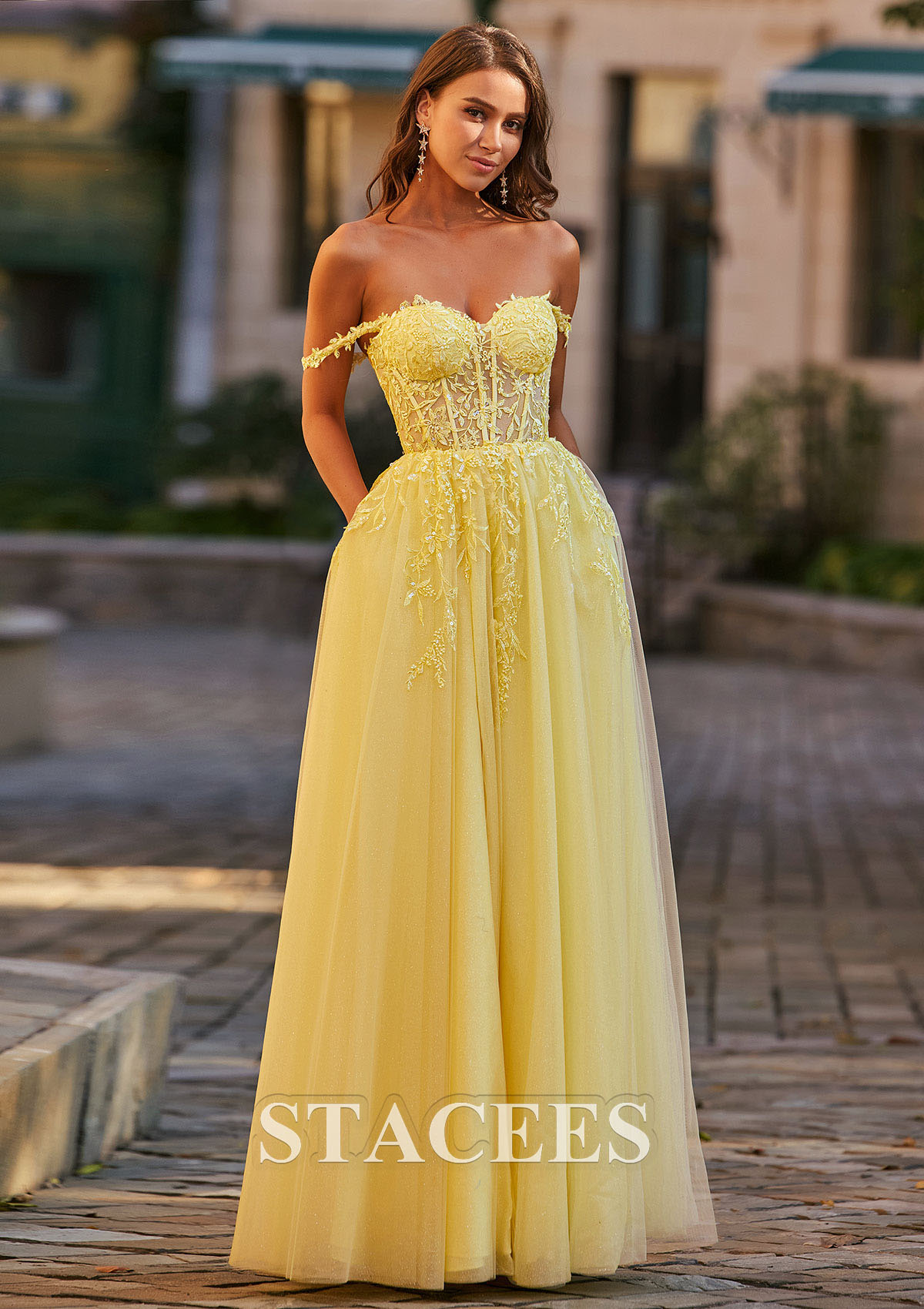 As Picture A-line V Neck Tulle Floor-Length Prom Dress with Appliqued Beading Sequins Split Glitter - STACEES