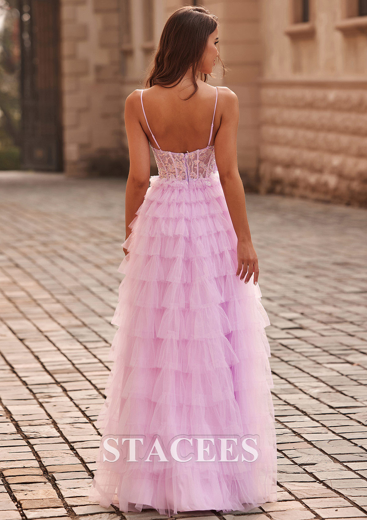 Lilac A-line V Neck Tiered Ruffled Slit Floor-Length Prom Dress with Sequins - STACEES