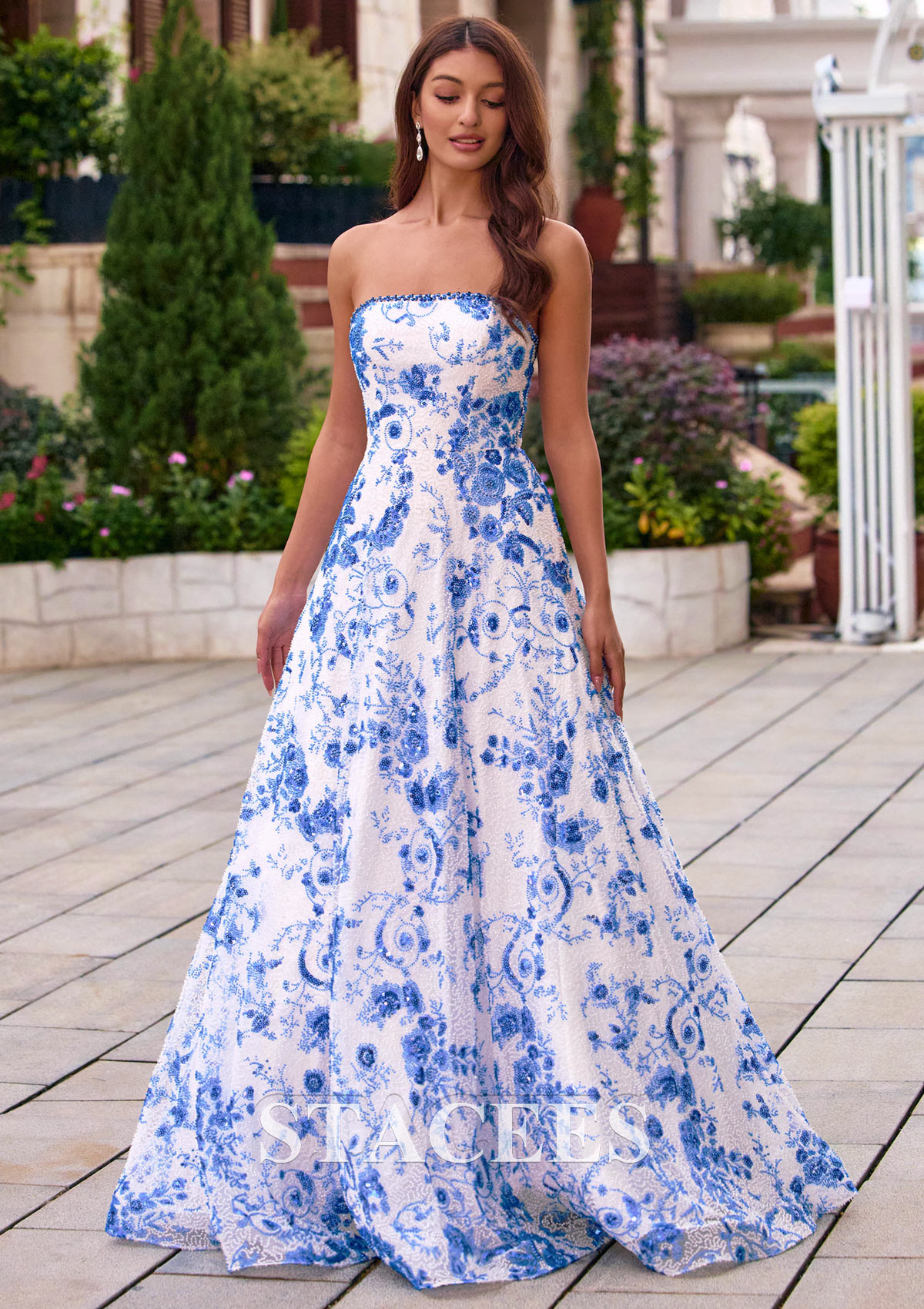 Royal Blue Floral Trapèze bateau tulle traîne balayage robe de bal avec perles paillettes - STACEES