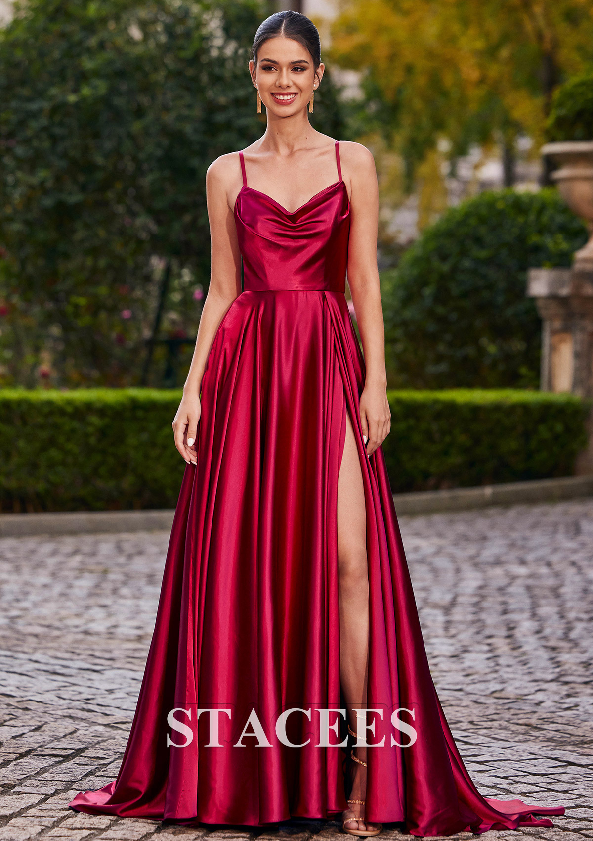 Burgundy A-line Cowl Neck Sweep Train Charmeuse Prom Dress with Pleated Pockets Split - STACEES