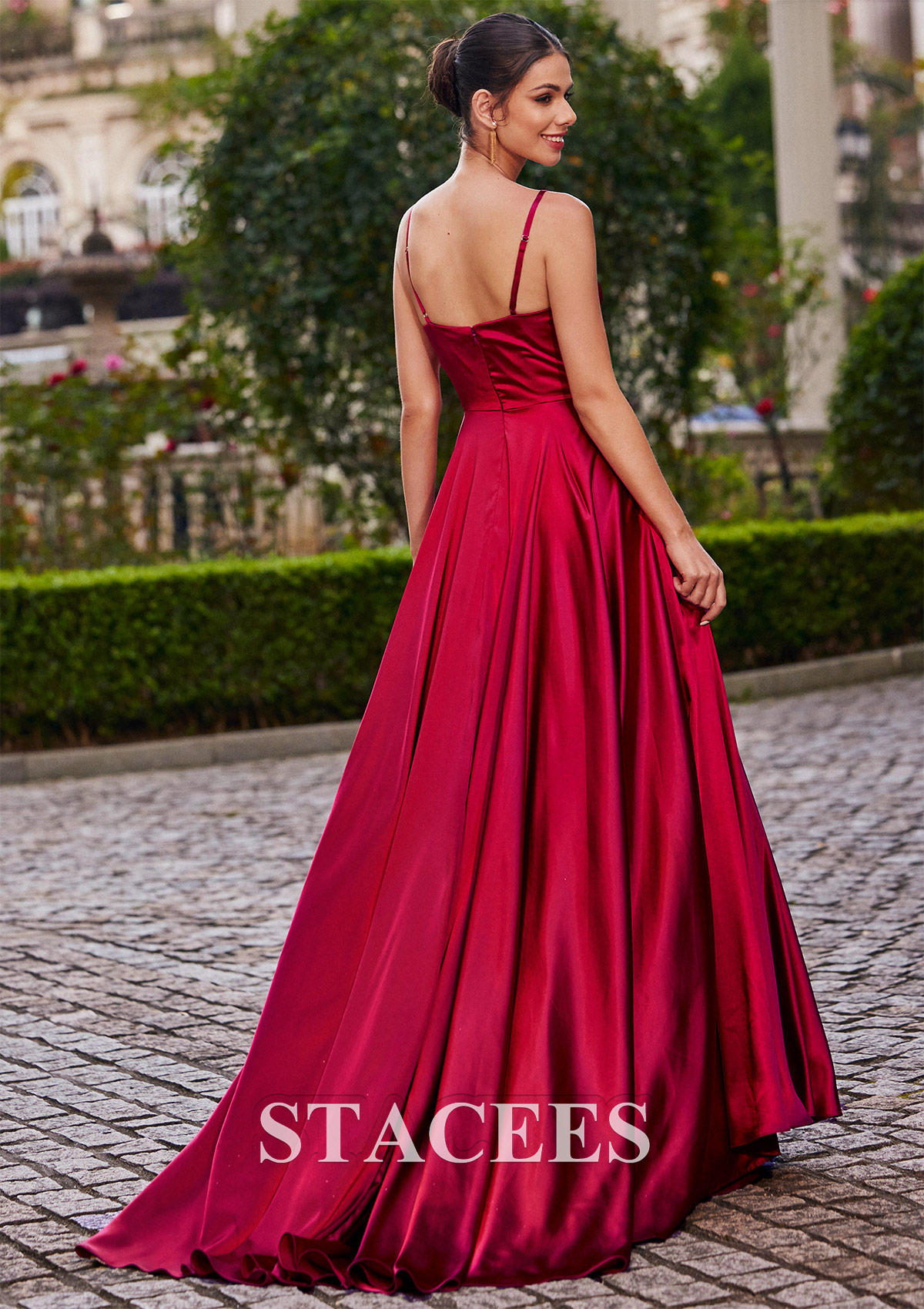 Burgundy A-line Cowl Neck Sweep Train Charmeuse Prom Dress with Pleated Pockets Split - STACEES