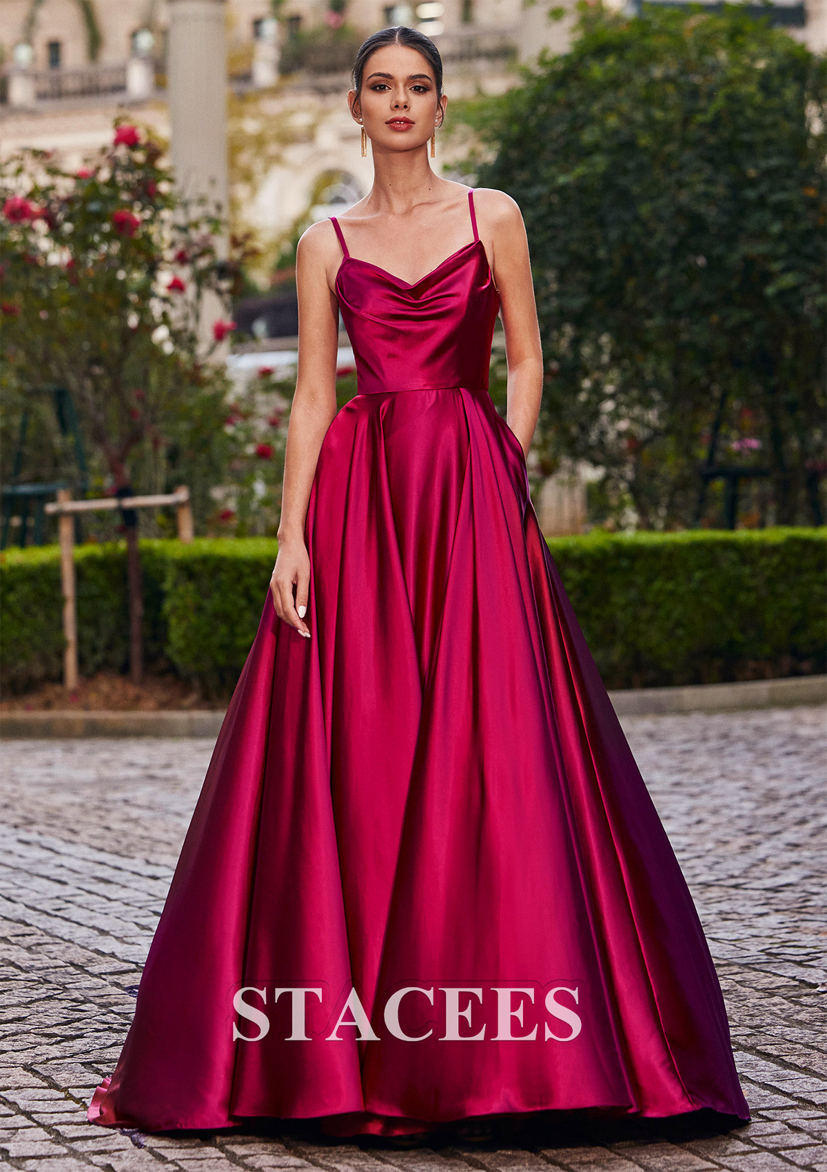 Burgundy A-line Cowl Neck Sweep Train Charmeuse Prom Dress with Pleated Pockets Split - STACEES