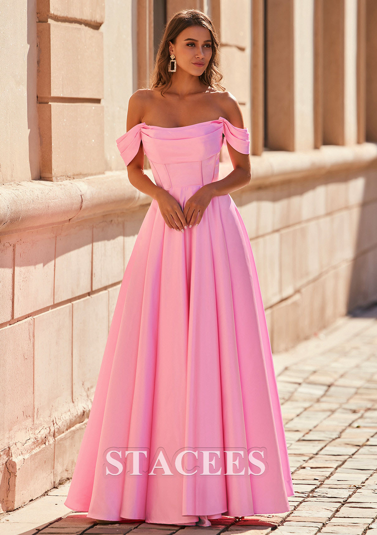 Rose Bonbon Trapèze épaule dénudée satin ras du sol robe de bal  - STACEES